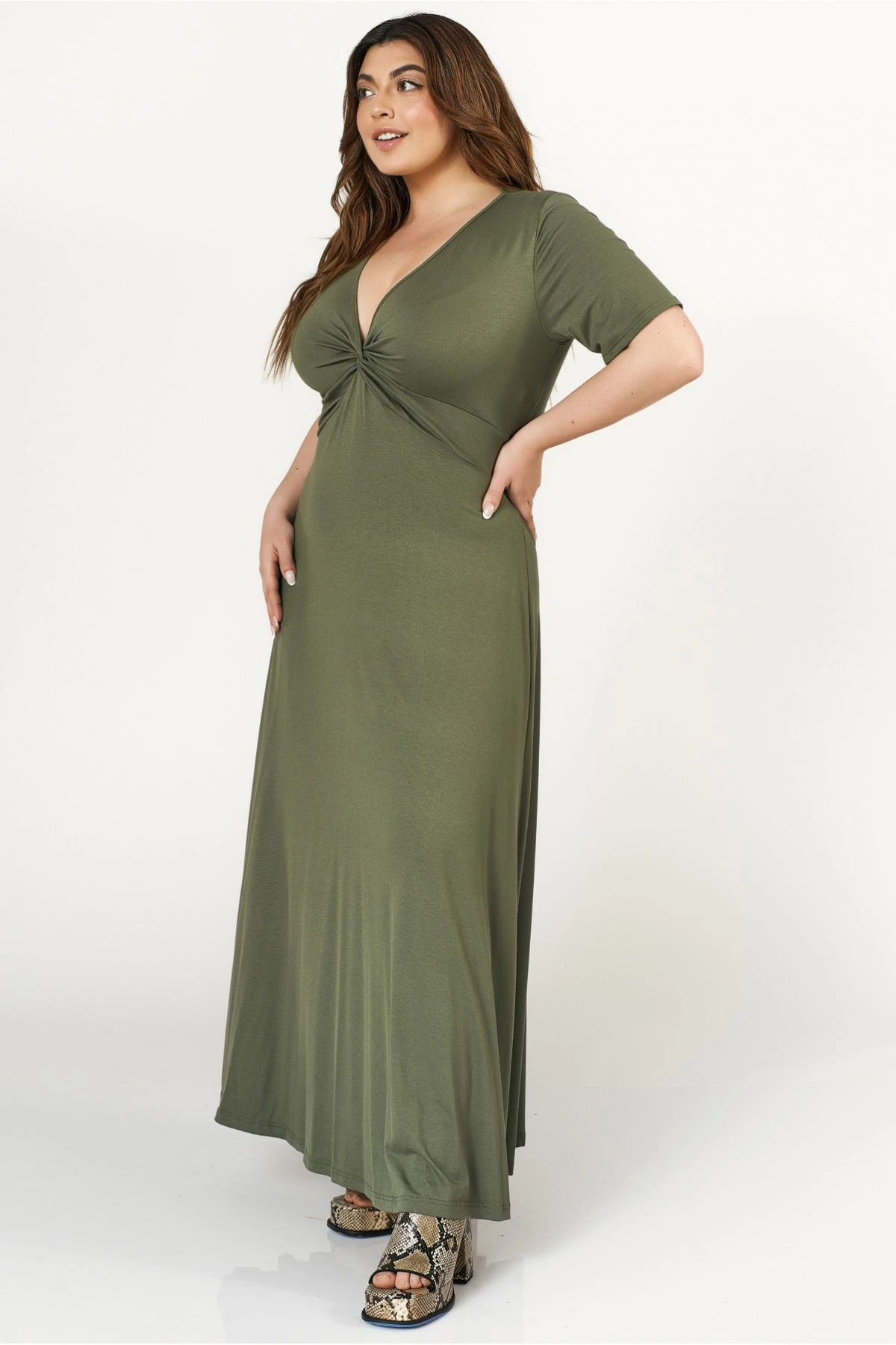 Φόρεμα μάξι κόμπος ελαστική viscose χακί