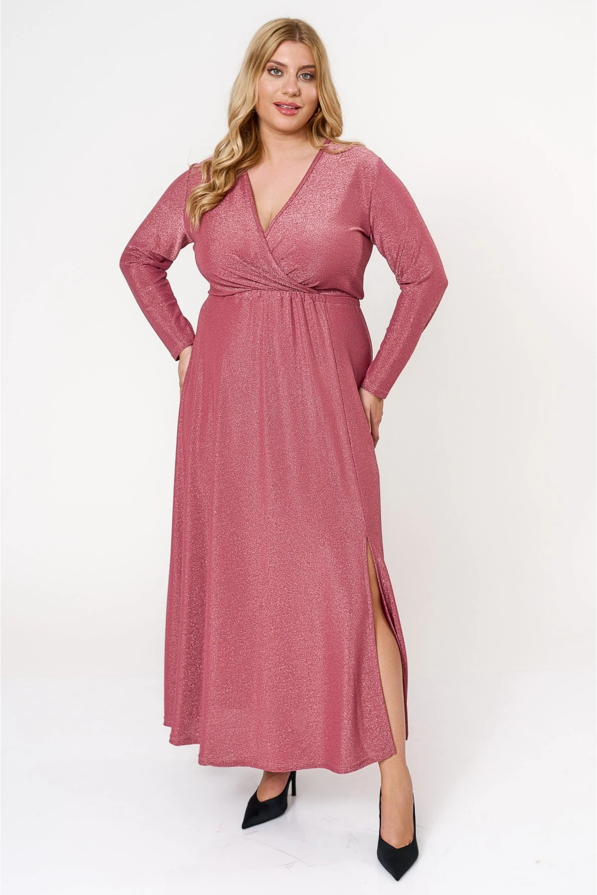 Φόρεμα lurex μάξι μακρύ μανίκι κρουαζέ peach pink Φόρεμα lurex μάξι μακρύ μανίκι κρουαζέ peach pink