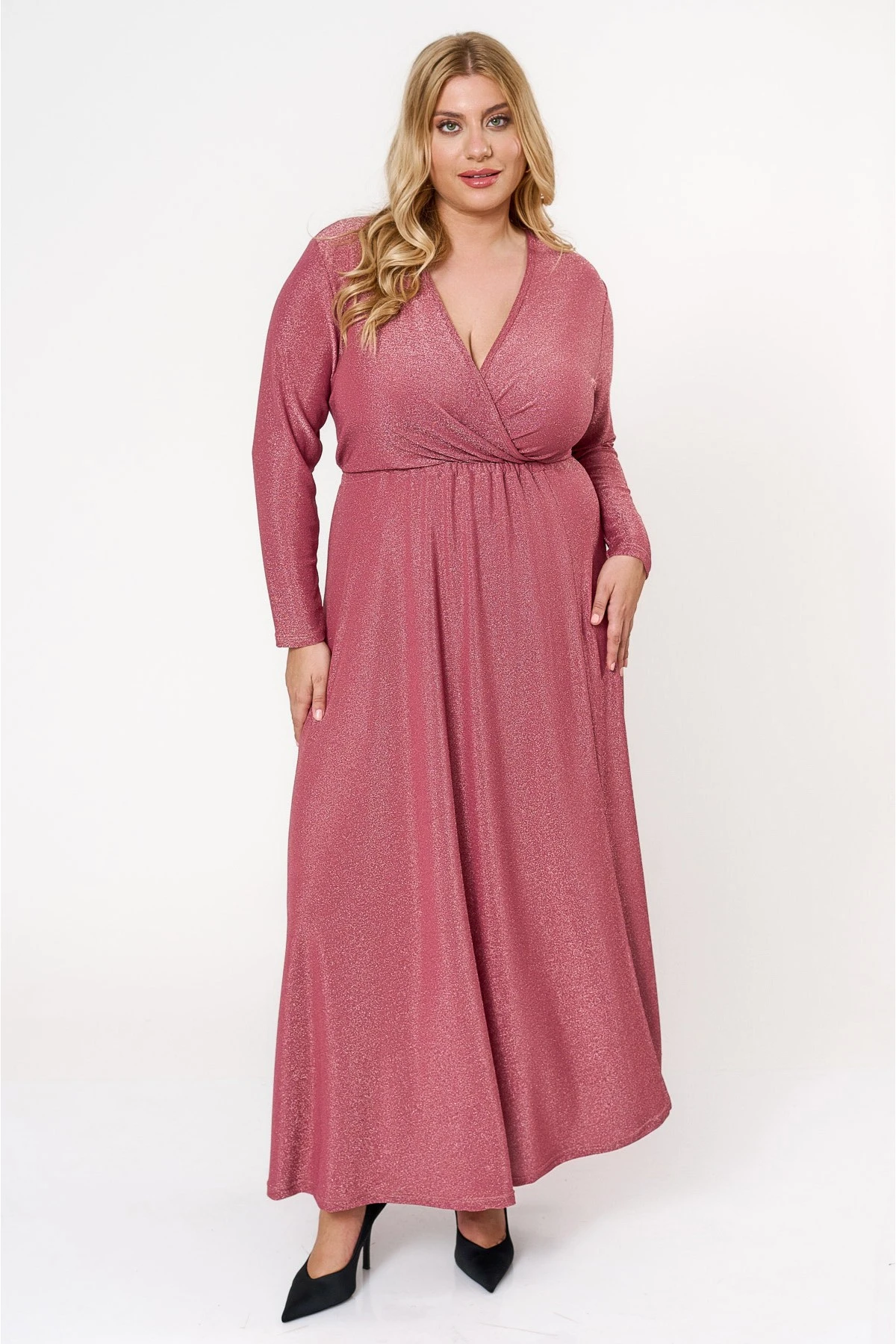 Φόρεμα lurex μάξι μακρύ μανίκι κρουαζέ peach pink Φόρεμα lurex μάξι μακρύ μανίκι κρουαζέ peach pink
