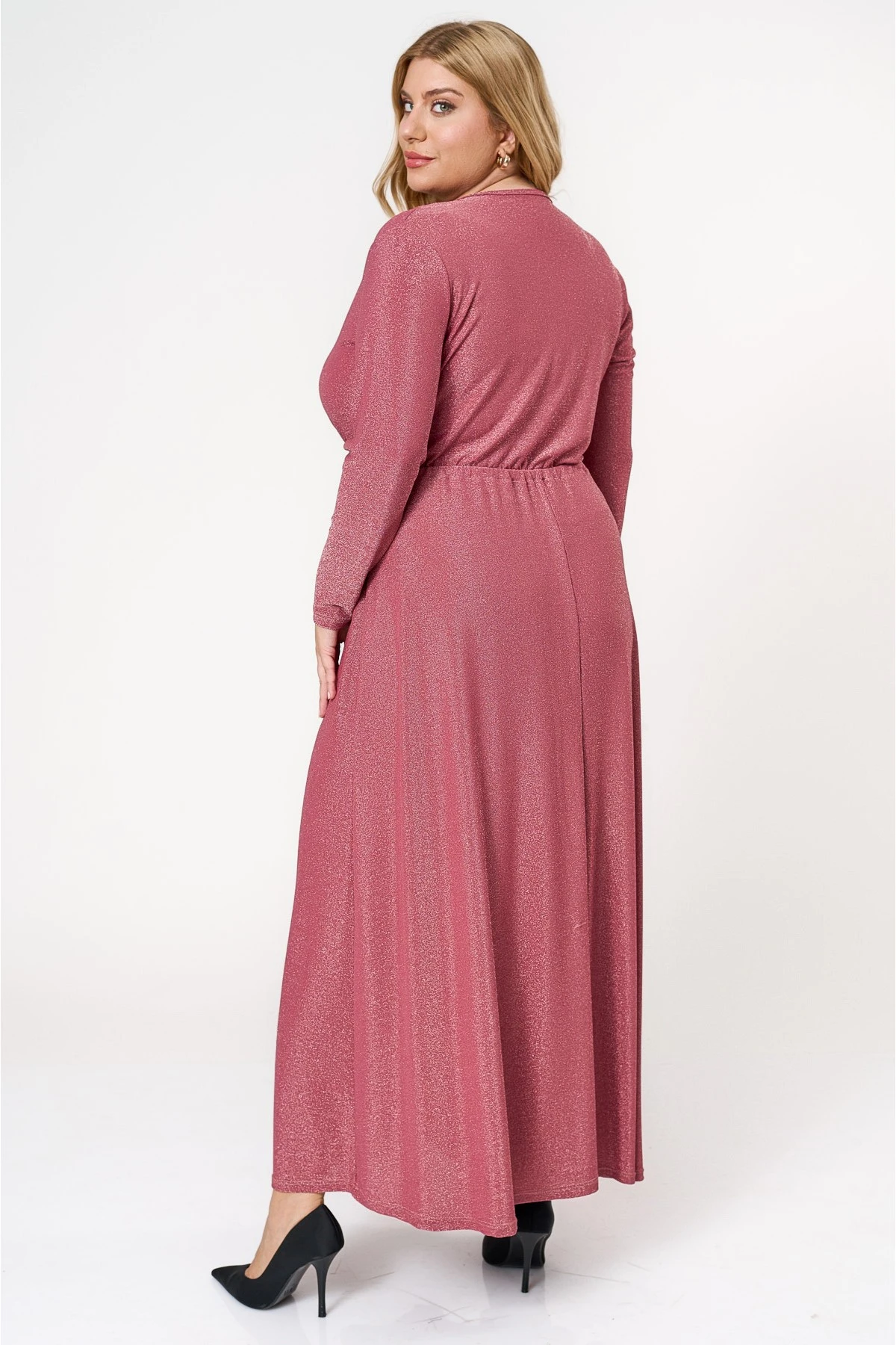 Φόρεμα lurex μάξι μακρύ μανίκι κρουαζέ peach pink Φόρεμα lurex μάξι μακρύ μανίκι κρουαζέ peach pink