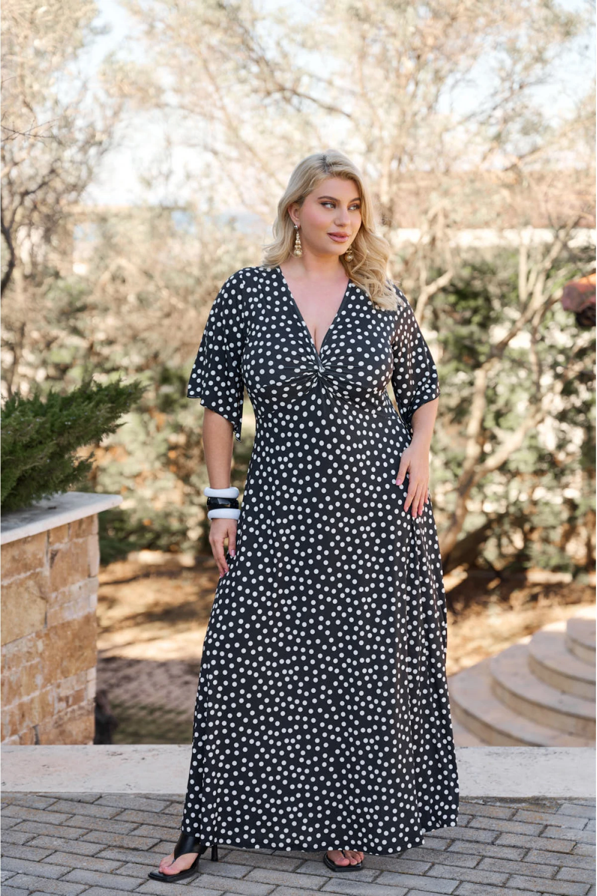 Φόρεμα μάξι κόμπος καμπάνα μανίκι πουά