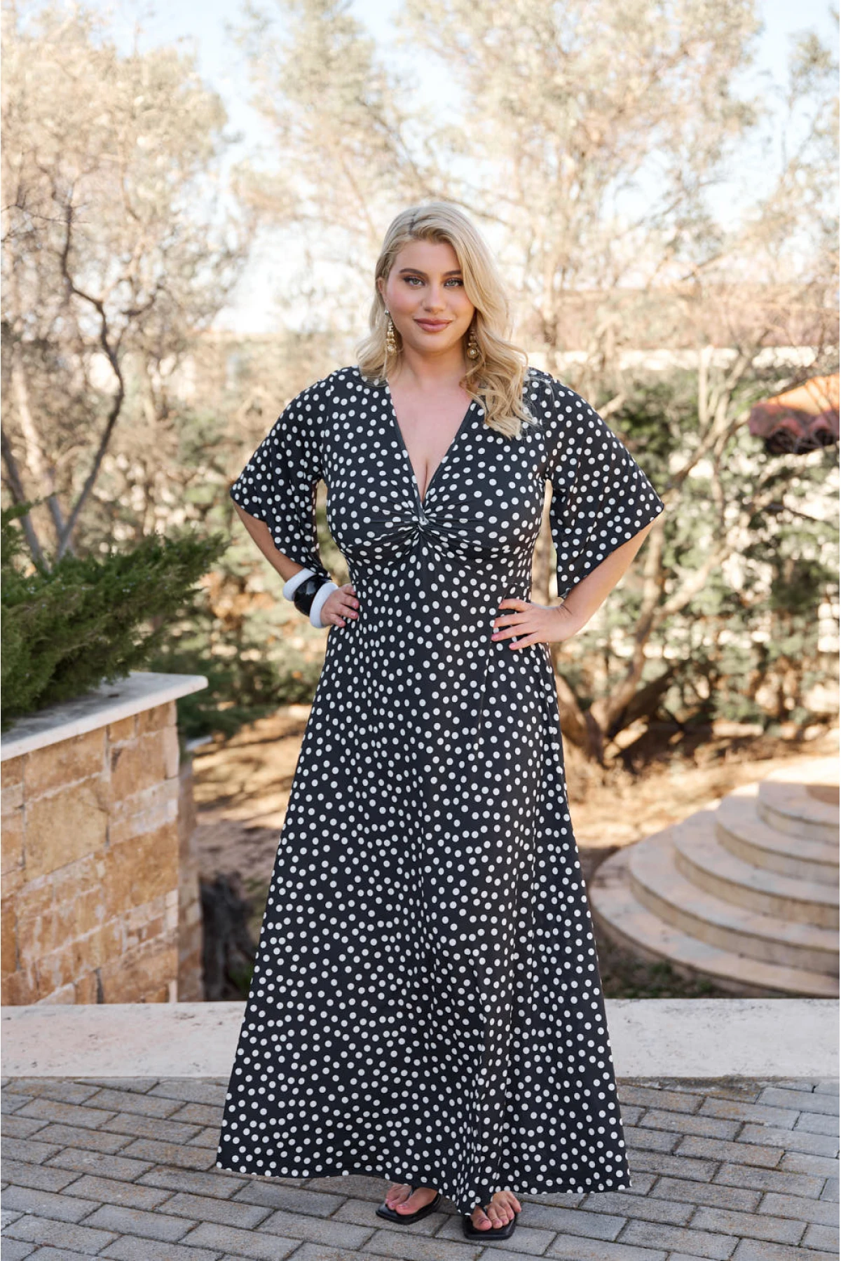 Φόρεμα μάξι κόμπος καμπάνα μανίκι πουά