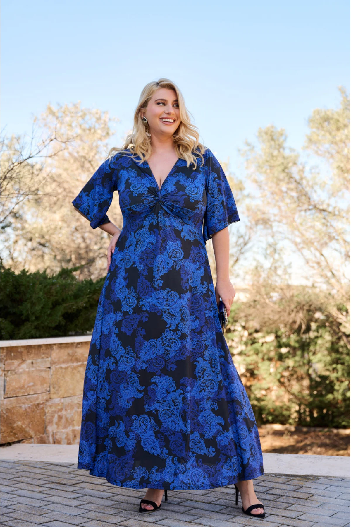 Φόρεμα μάξι κόμπος καμπάνα μανίκι λαχούρ μπλε