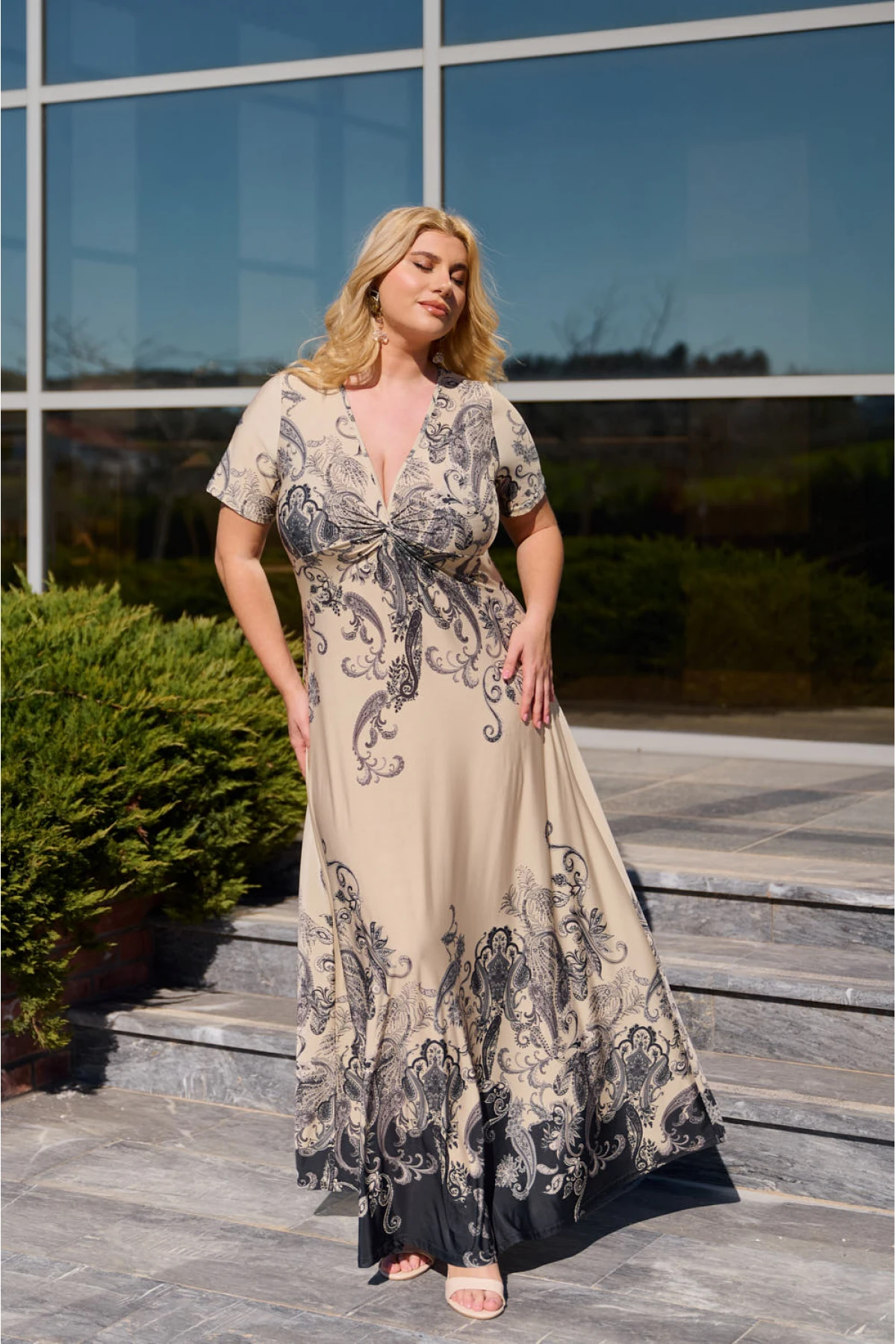 Φόρεμα μάξι κόμπος ραπόρτο κοντό μανίκι λαχούρ