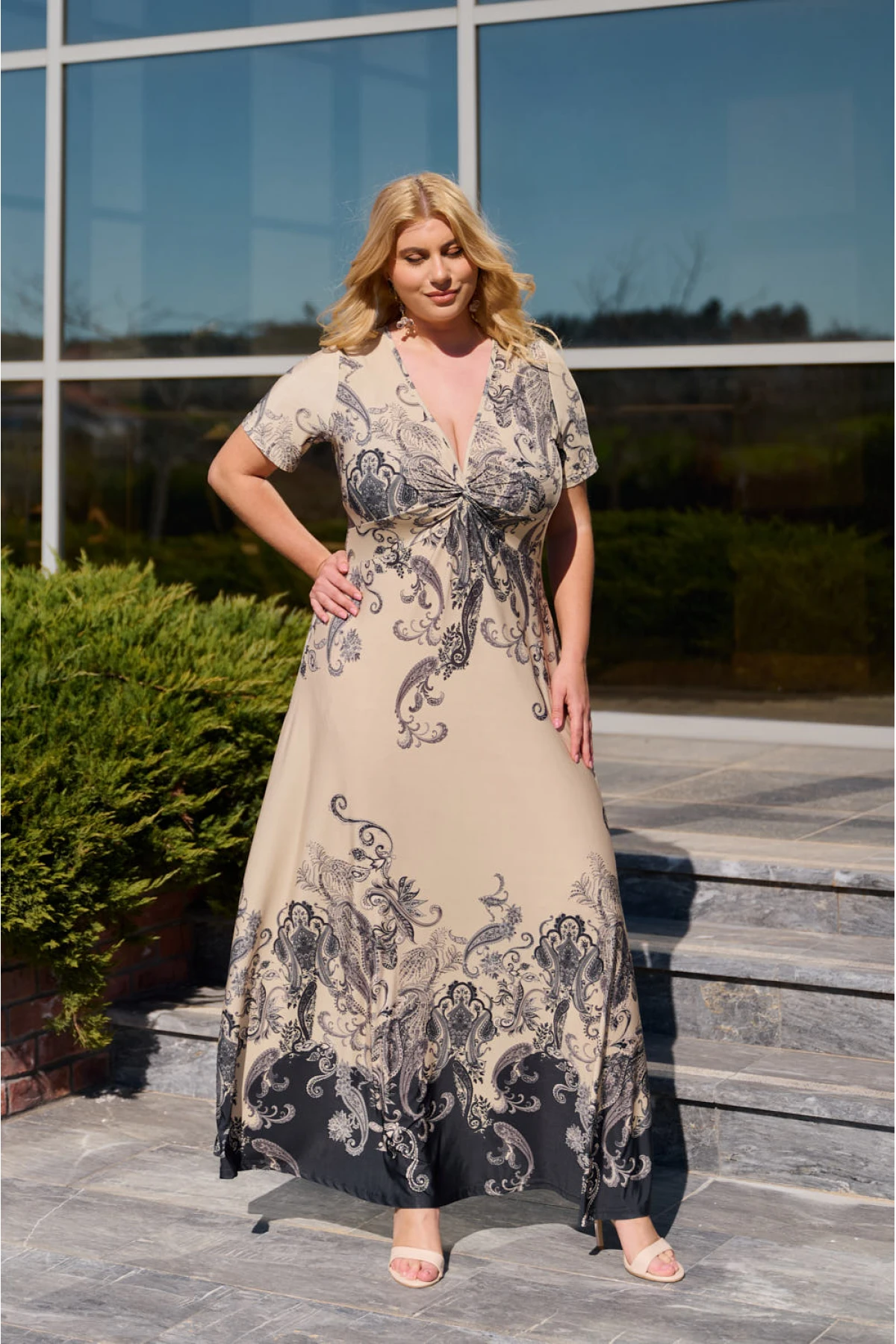 Φόρεμα μάξι κόμπος ραπόρτο κοντό μανίκι λαχούρ