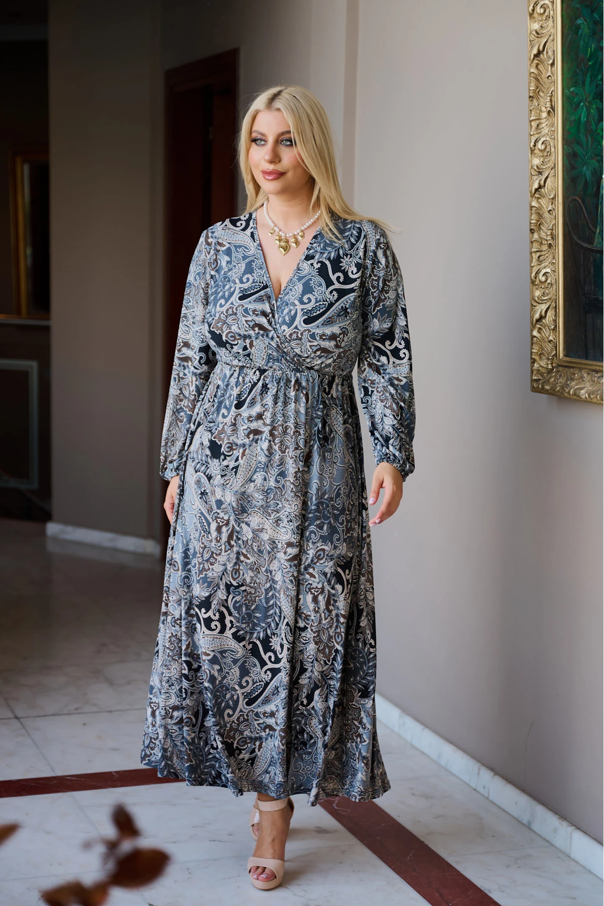 Φόρεμα κρουαζέ μάξι μανίκι με λάστιχο λαχούρ γκρί