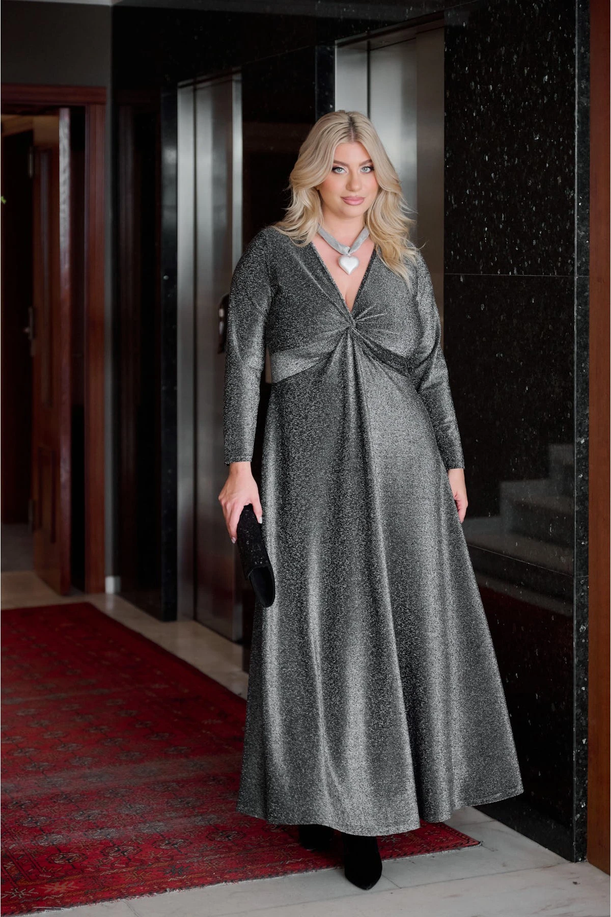  Φόρεμα lurex Super jersey μάξι μακρύ μανίκι κόμπος ασημί