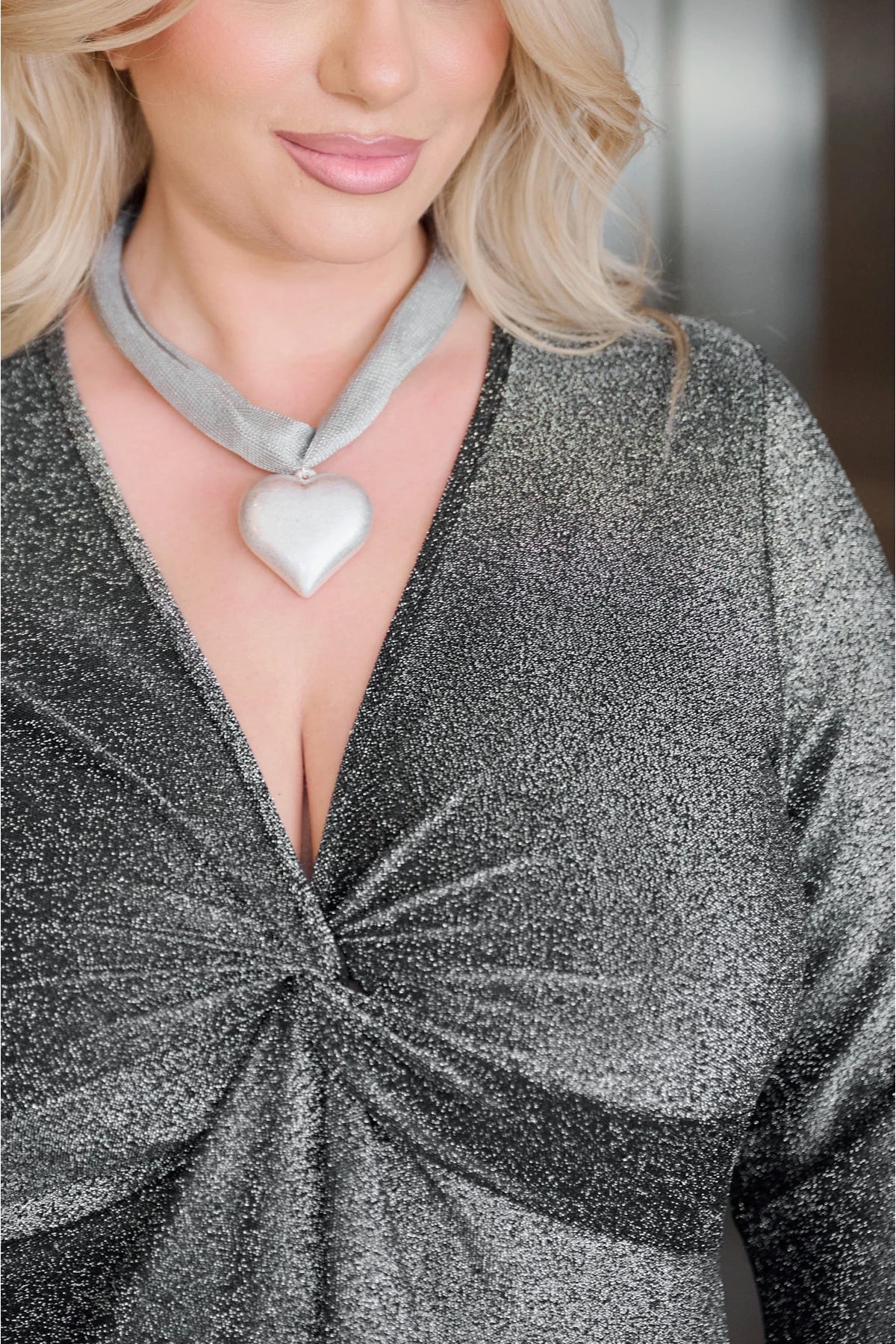  Φόρεμα lurex Super jersey μάξι μακρύ μανίκι κόμπος ασημί