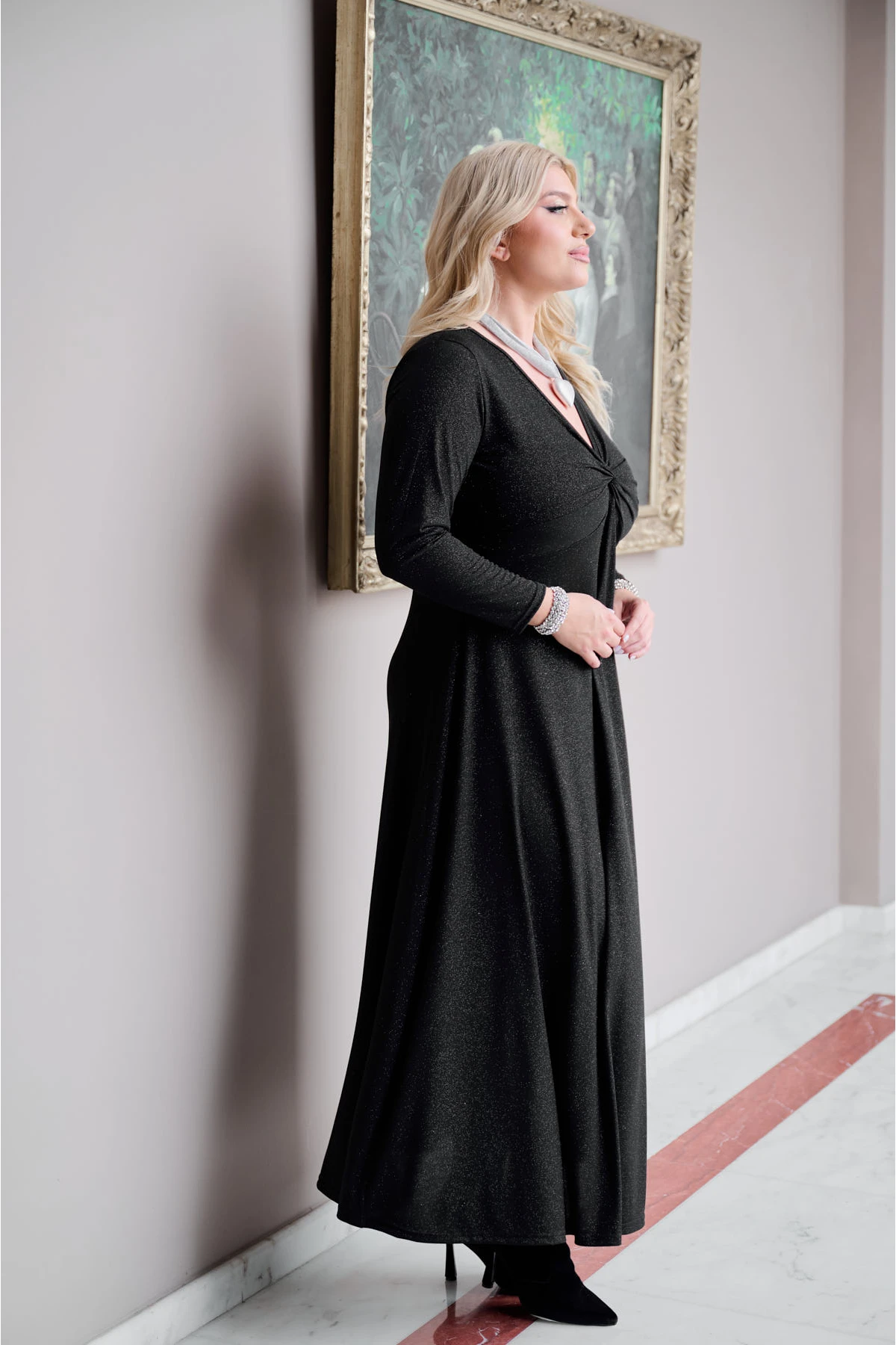  Φόρεμα gliter Super jersey μάξι μακρύ μανίκι κόμπος  μαύρο