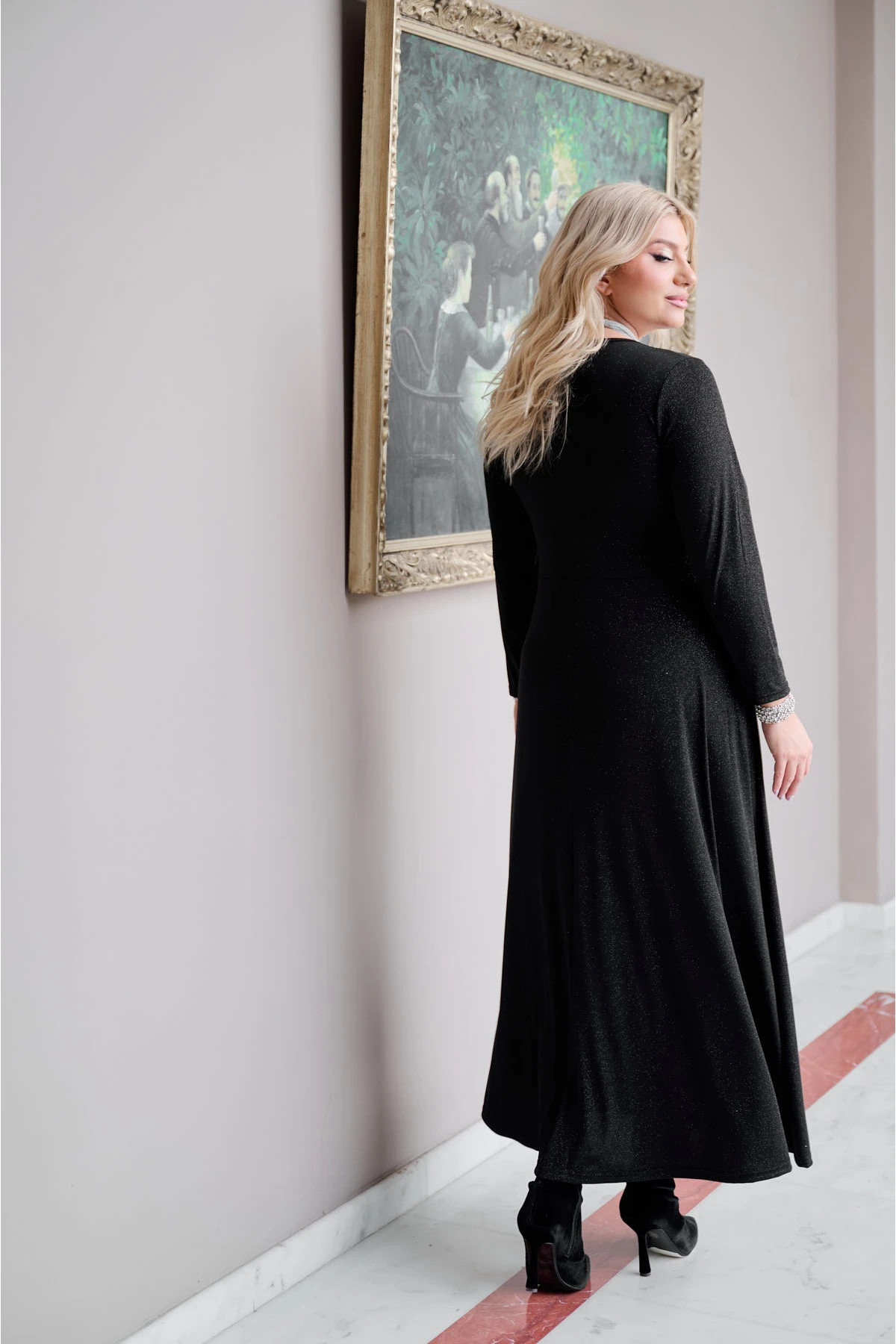  Φόρεμα gliter Super jersey μάξι μακρύ μανίκι κόμπος  μαύρο