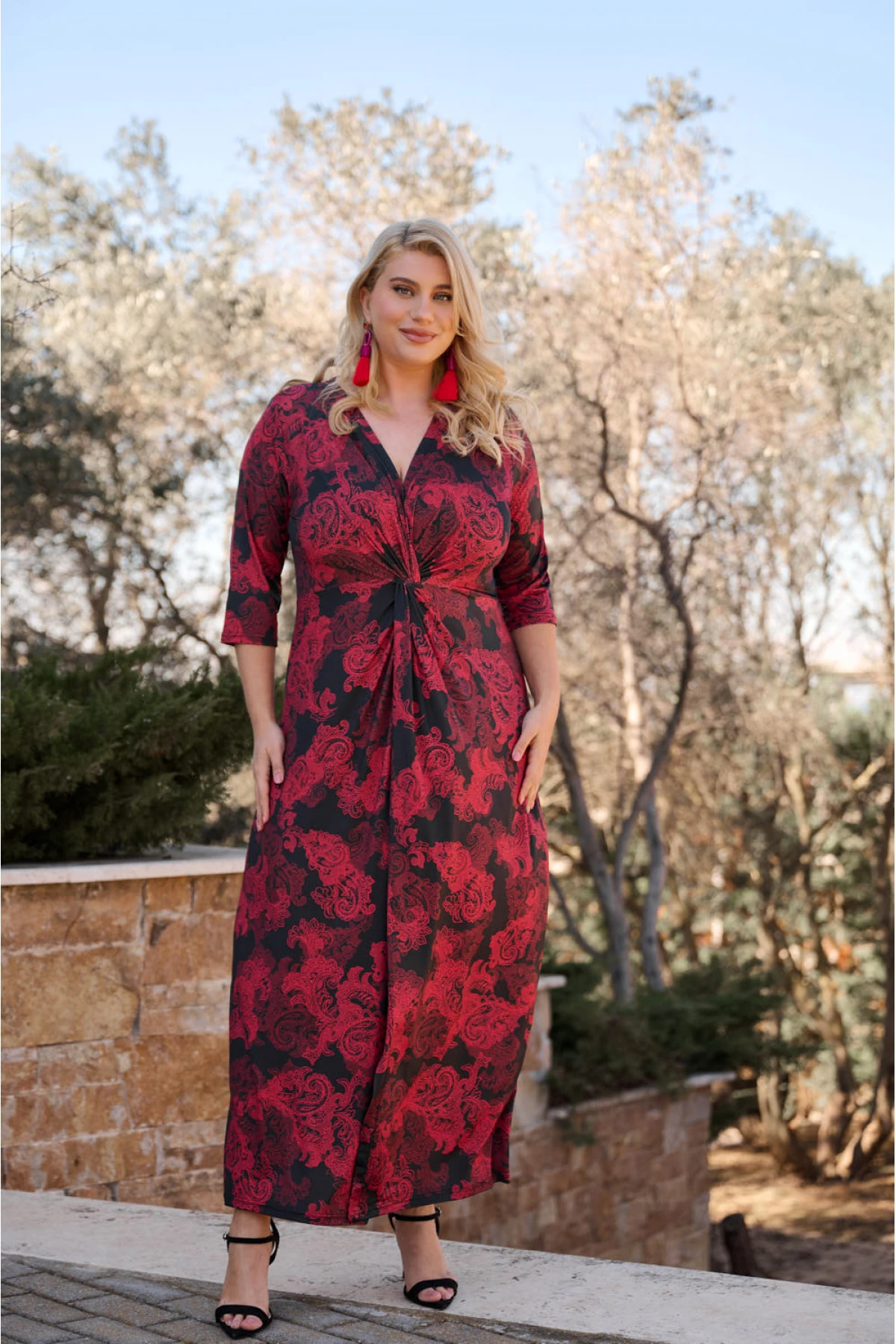 Φόρεμα χιαστί κόμπος λαχούρ κόκκινο