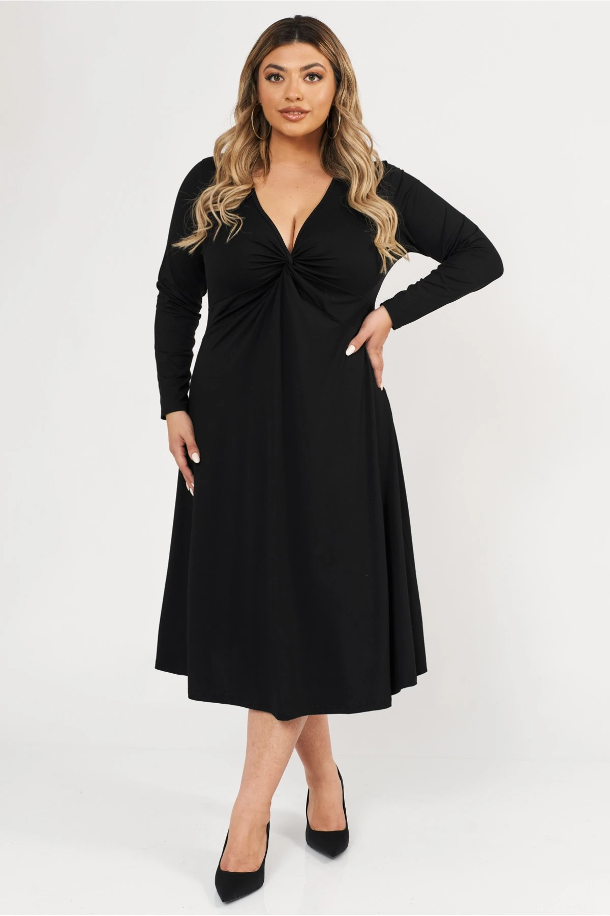 Φόρεμα midi Viscose ελαστική μακρύ μανίκι κόμπος μαύρο
