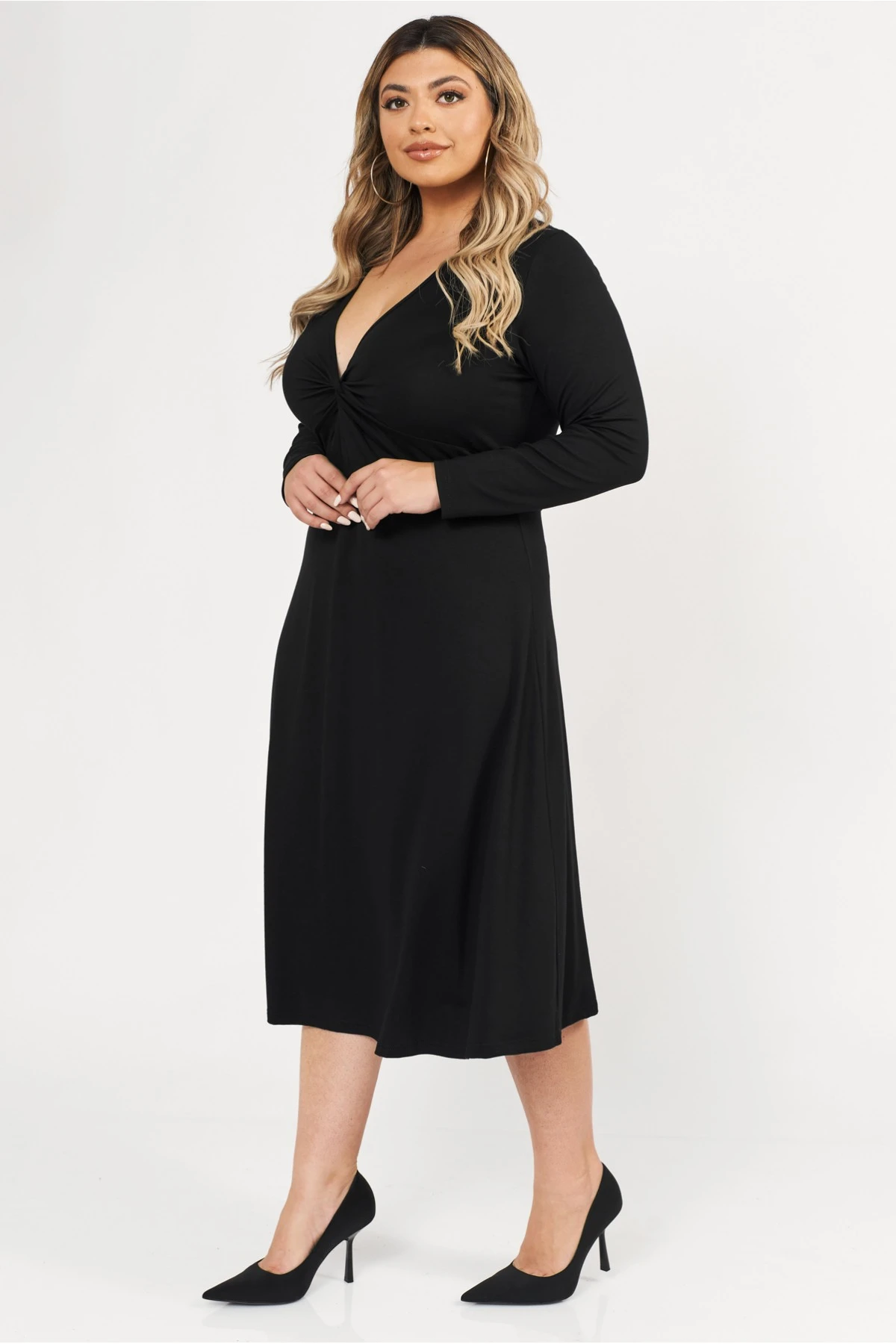 Φόρεμα midi Viscose ελαστική μακρύ μανίκι κόμπος μαύρο