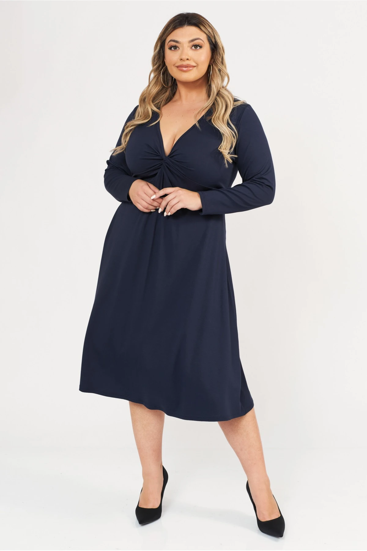 Φόρεμα midi Viscose ελαστική μακρύ μανίκι κόμπος μπλε Φόρεμα midi Viscose ελαστική μακρύ μανίκι κόμπος μπλε