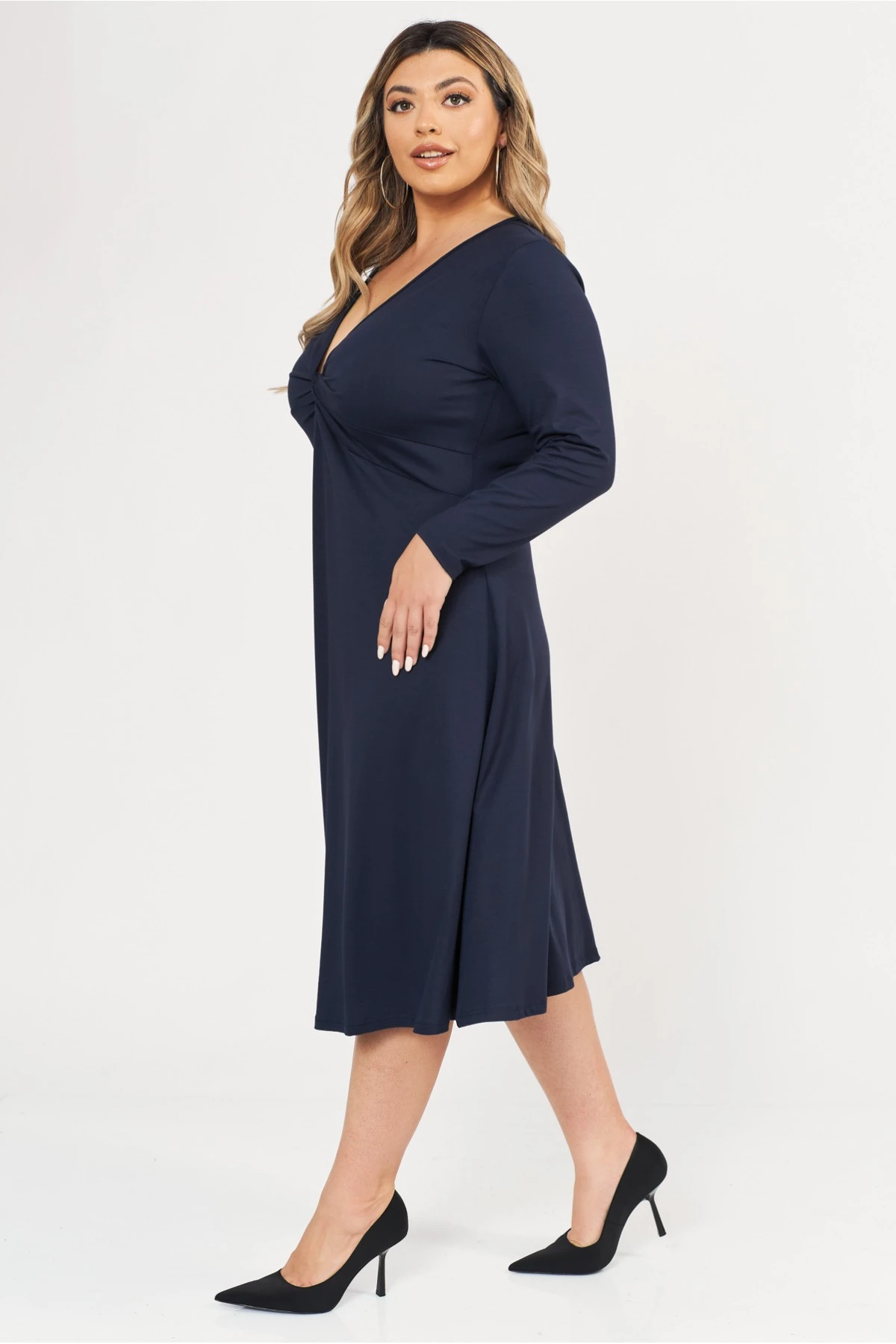 Φόρεμα midi Viscose ελαστική μακρύ μανίκι κόμπος μπλε Φόρεμα midi Viscose ελαστική μακρύ μανίκι κόμπος μπλε