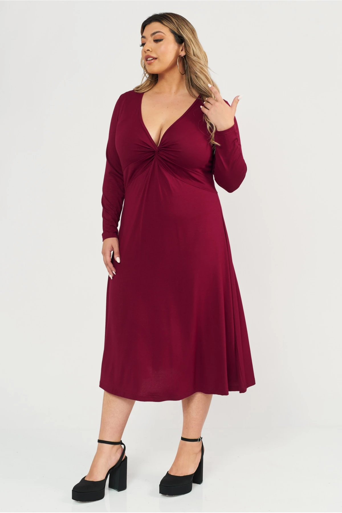 Φόρεμα midi Viscose ελαστική μακρύ μανίκι κόμπος μπορντό