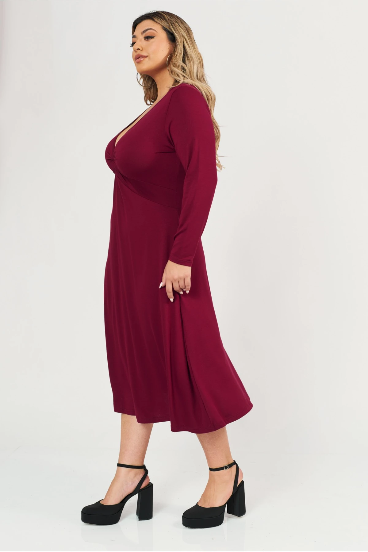 Φόρεμα midi Viscose ελαστική μακρύ μανίκι κόμπος μπορντό