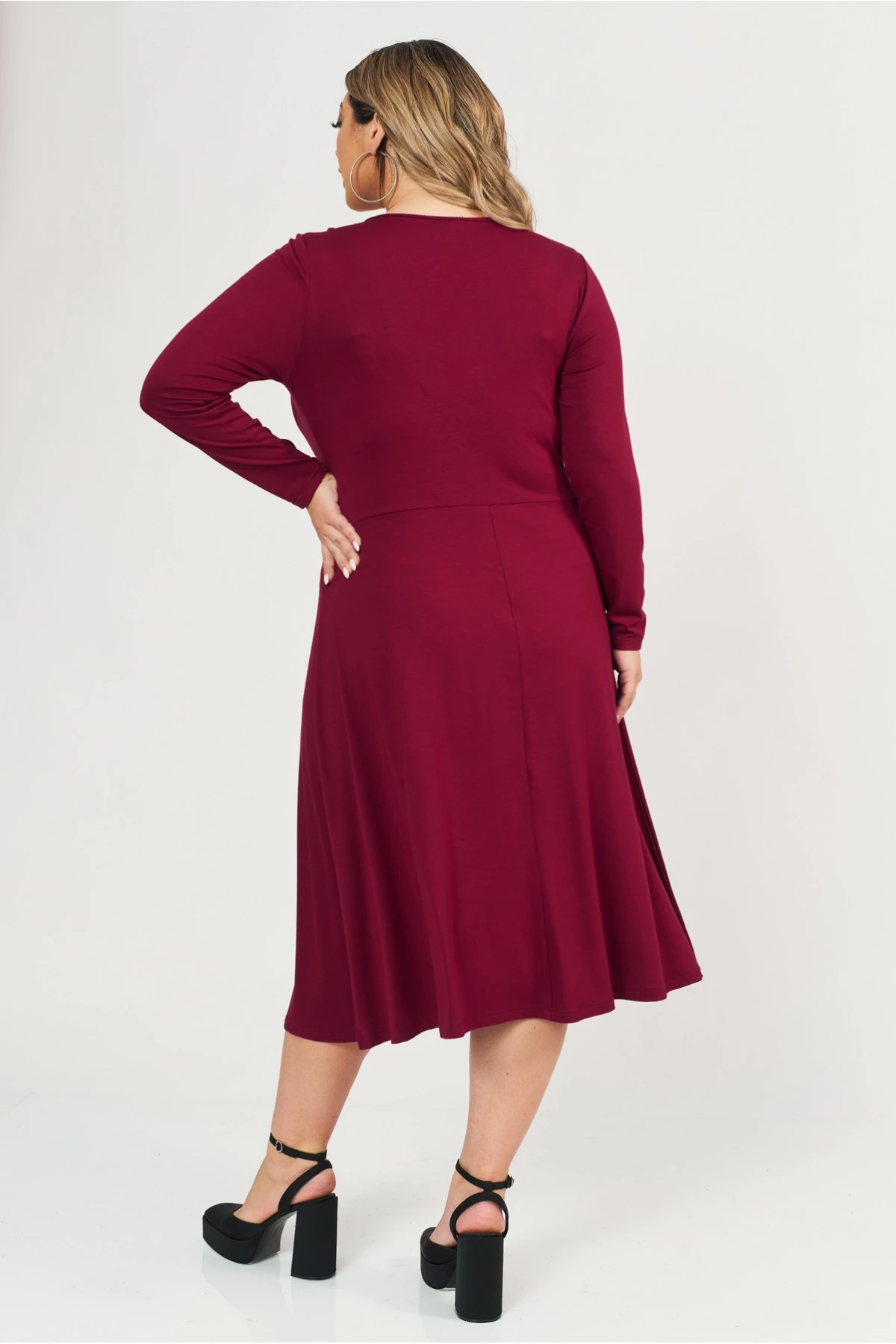 Φόρεμα midi Viscose ελαστική μακρύ μανίκι κόμπος μπορντό
