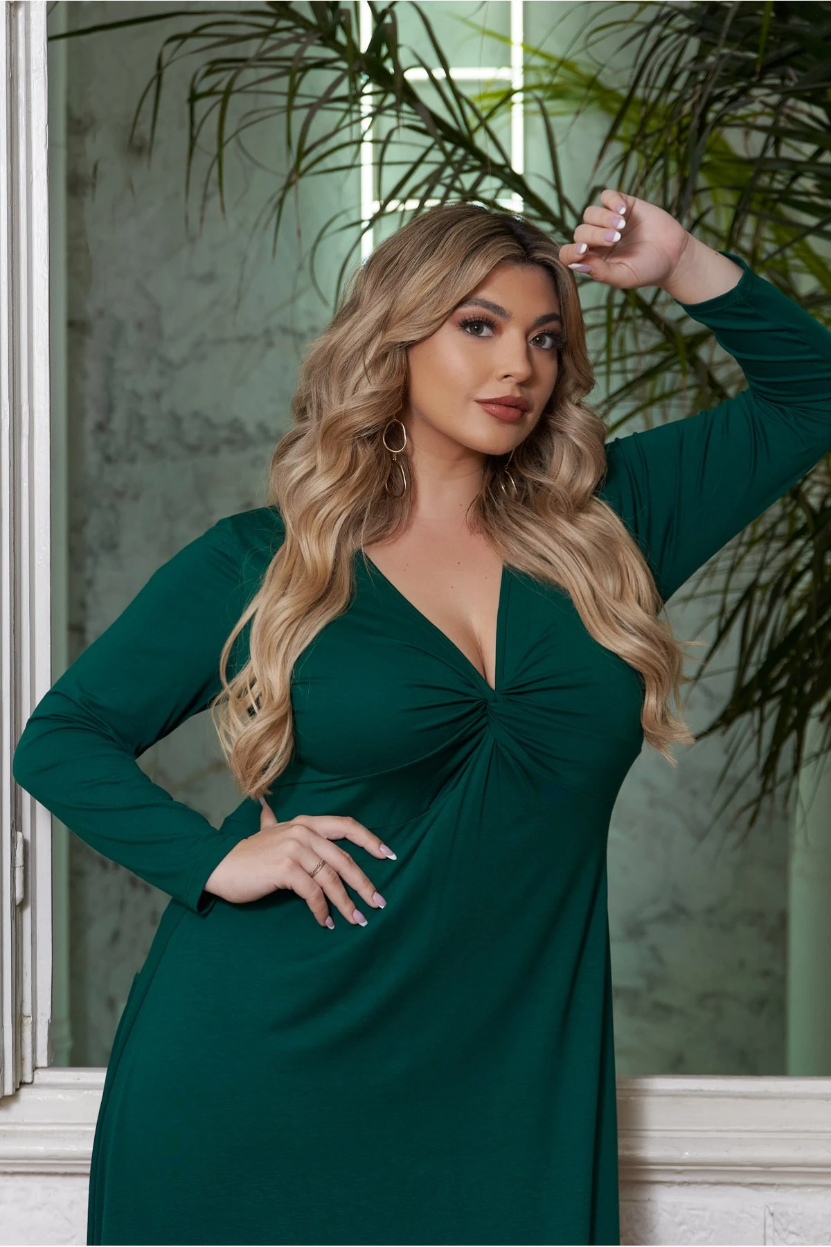 Φόρεμα midi Viscose ελαστική μακρύ μανίκι κόμπος κυπαρισσί