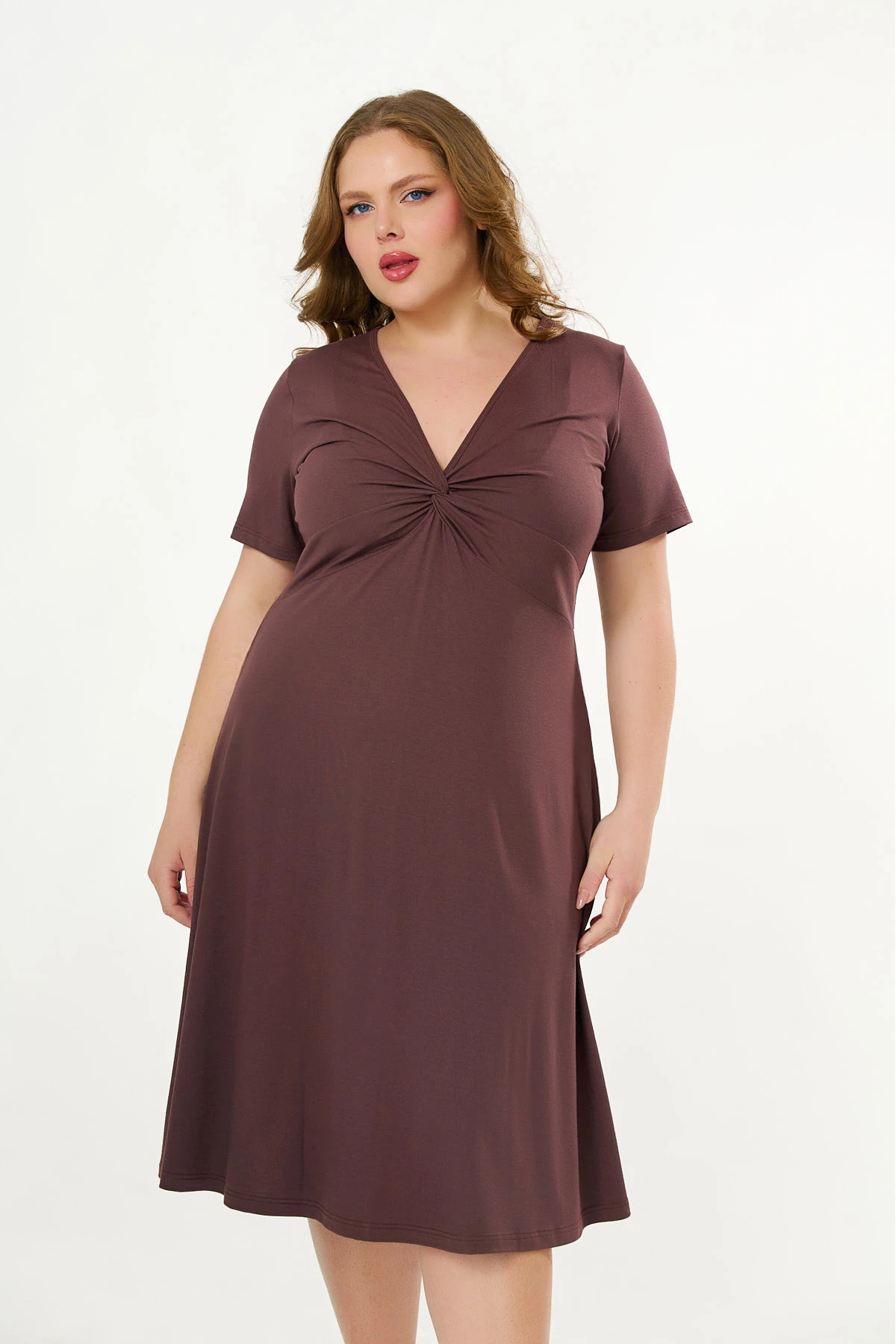 Φόρεμα midi Viscose ελαστική κοντό μανίκι κόμπος καφέ
