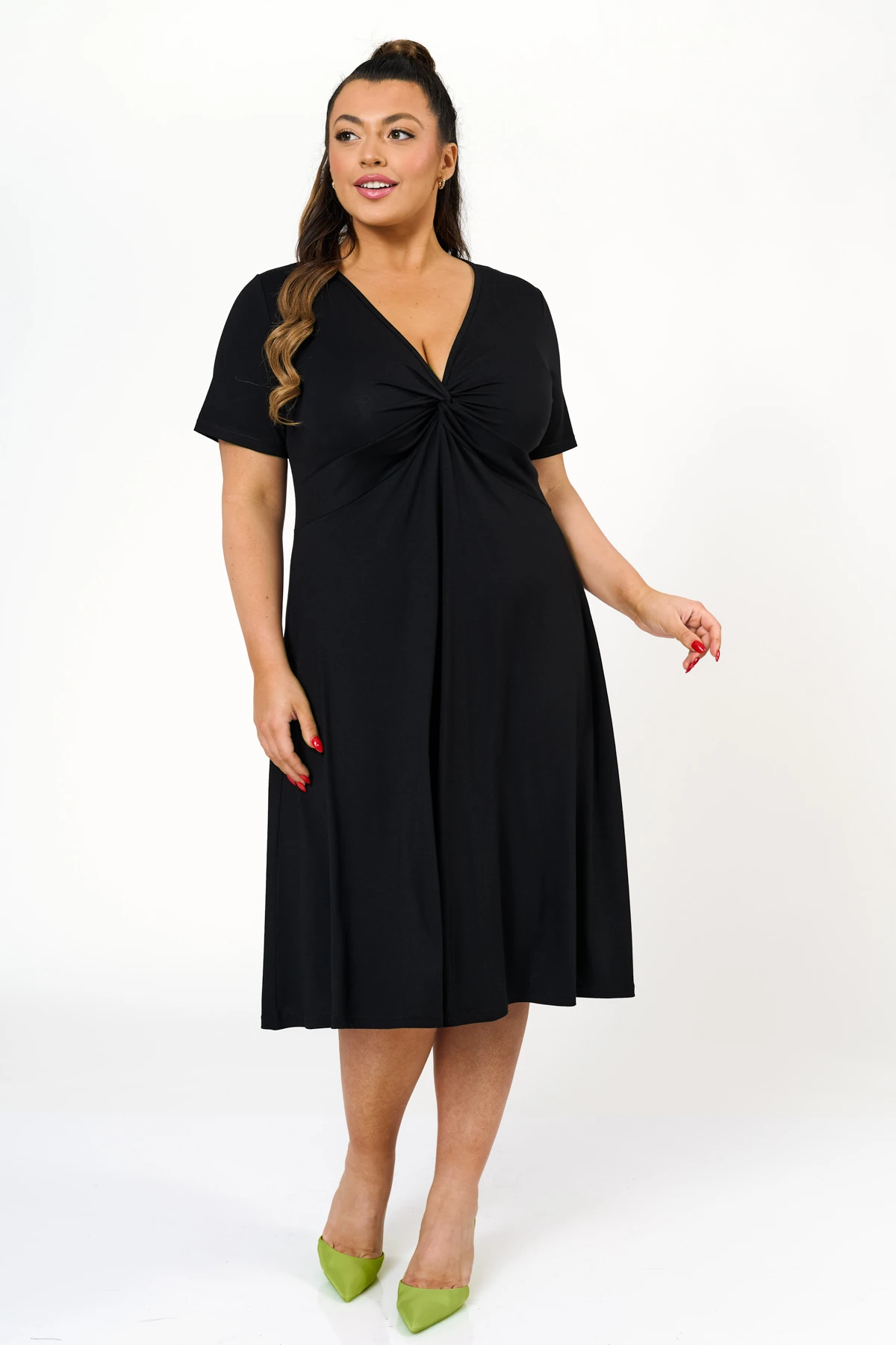 Φόρεμα midi Viscose ελαστική κοντό μανίκι κόμπος μαύρο Φόρεμα midi Viscose ελαστική κοντό μανίκι κόμπος μαύρο