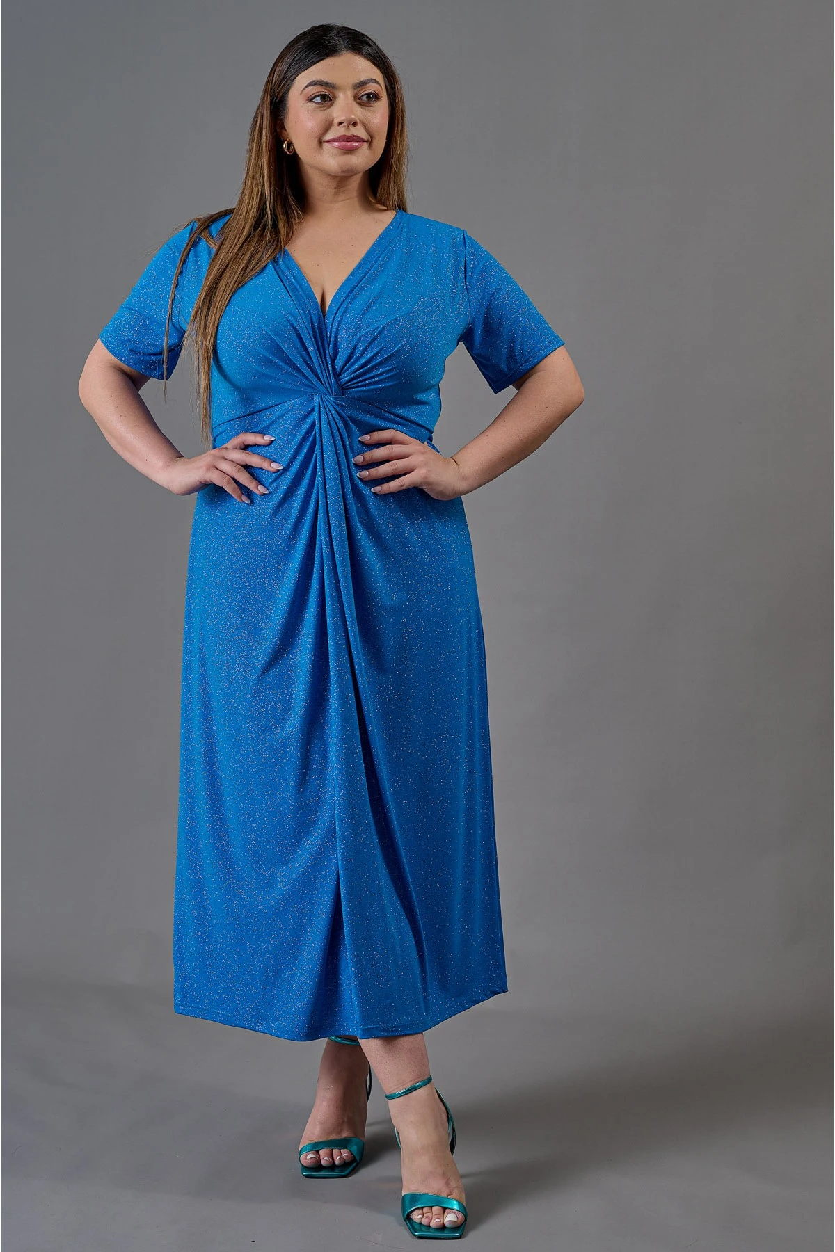 Φόρεμα gliter χιαστί κόμπος κοντό μανίκι πετρόλ