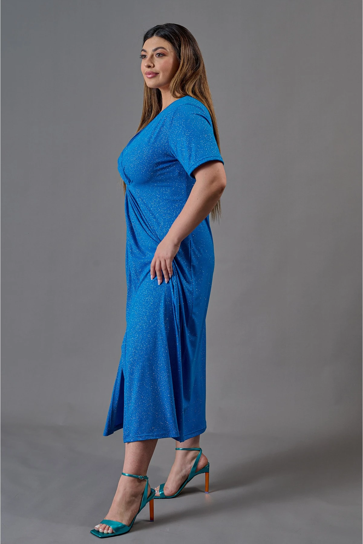Φόρεμα gliter χιαστί κόμπος κοντό μανίκι πετρόλ