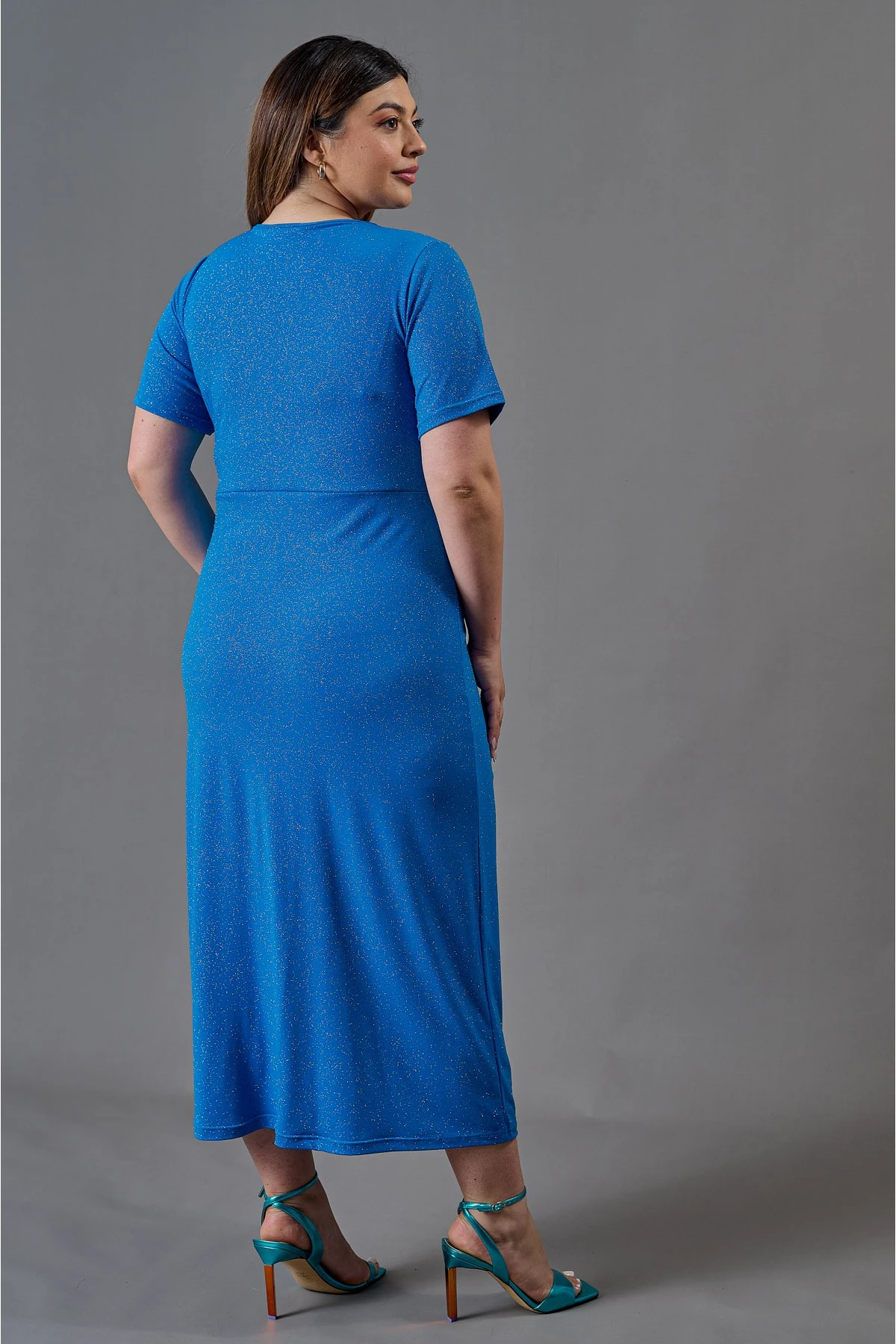 Φόρεμα gliter χιαστί κόμπος κοντό μανίκι πετρόλ