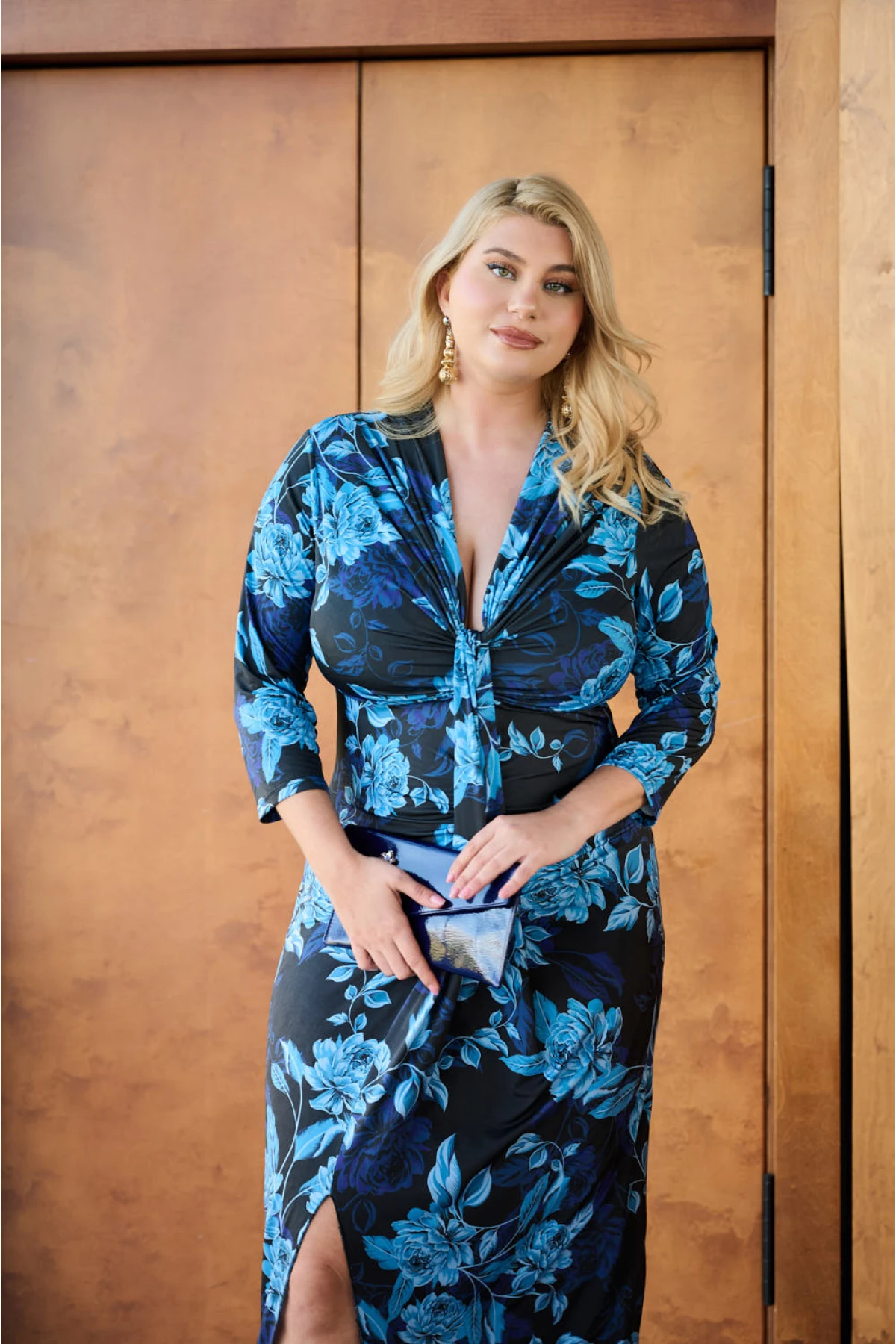  Φόρεμα γραβάτα midi τρία τέταρτα μανίκι φλοράλ μπλε