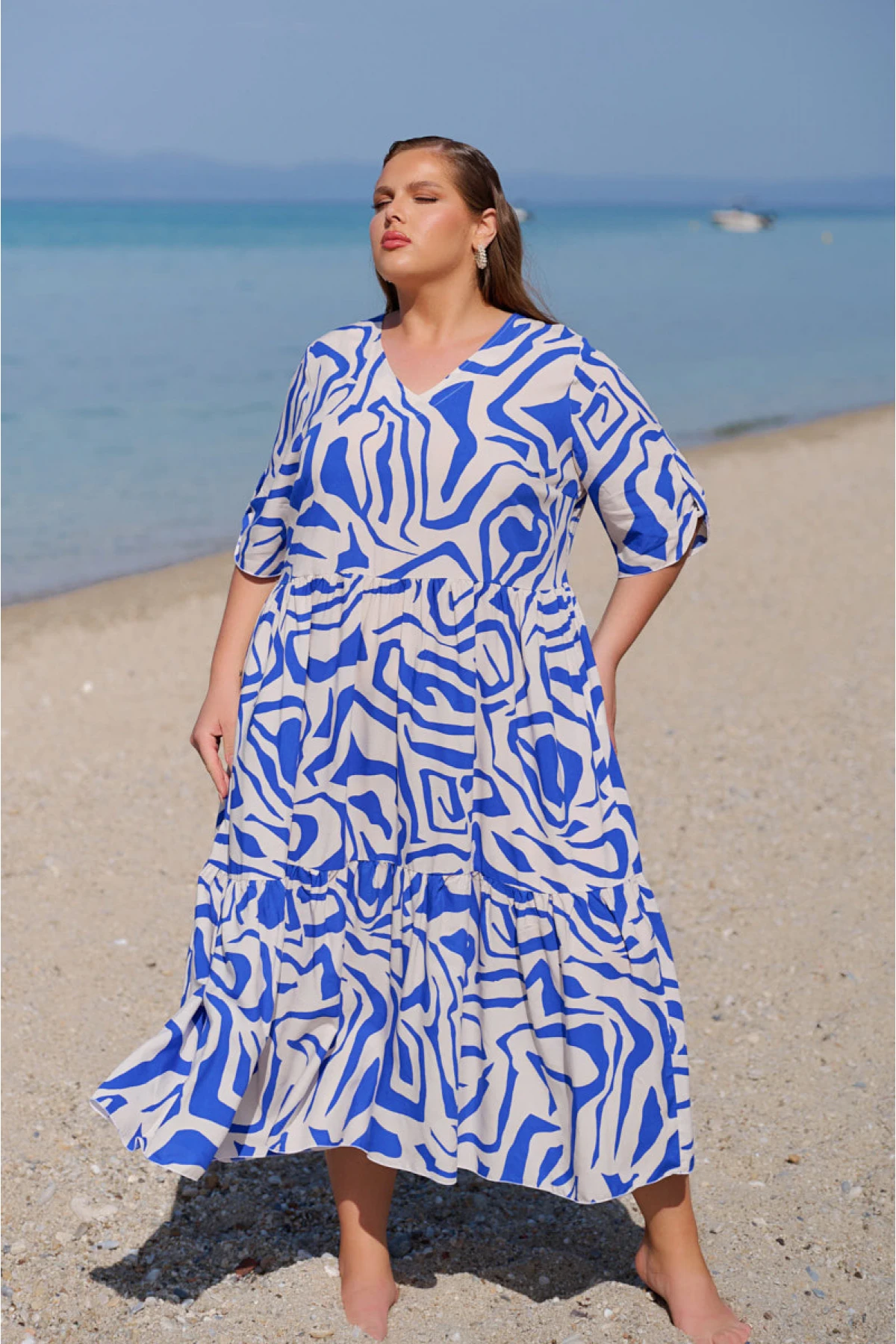 Φόρεμα V Rayon αέρινο εμπριμέ μπλε Φόρεμα V Rayon αέρινο εμπριμέ μπλε