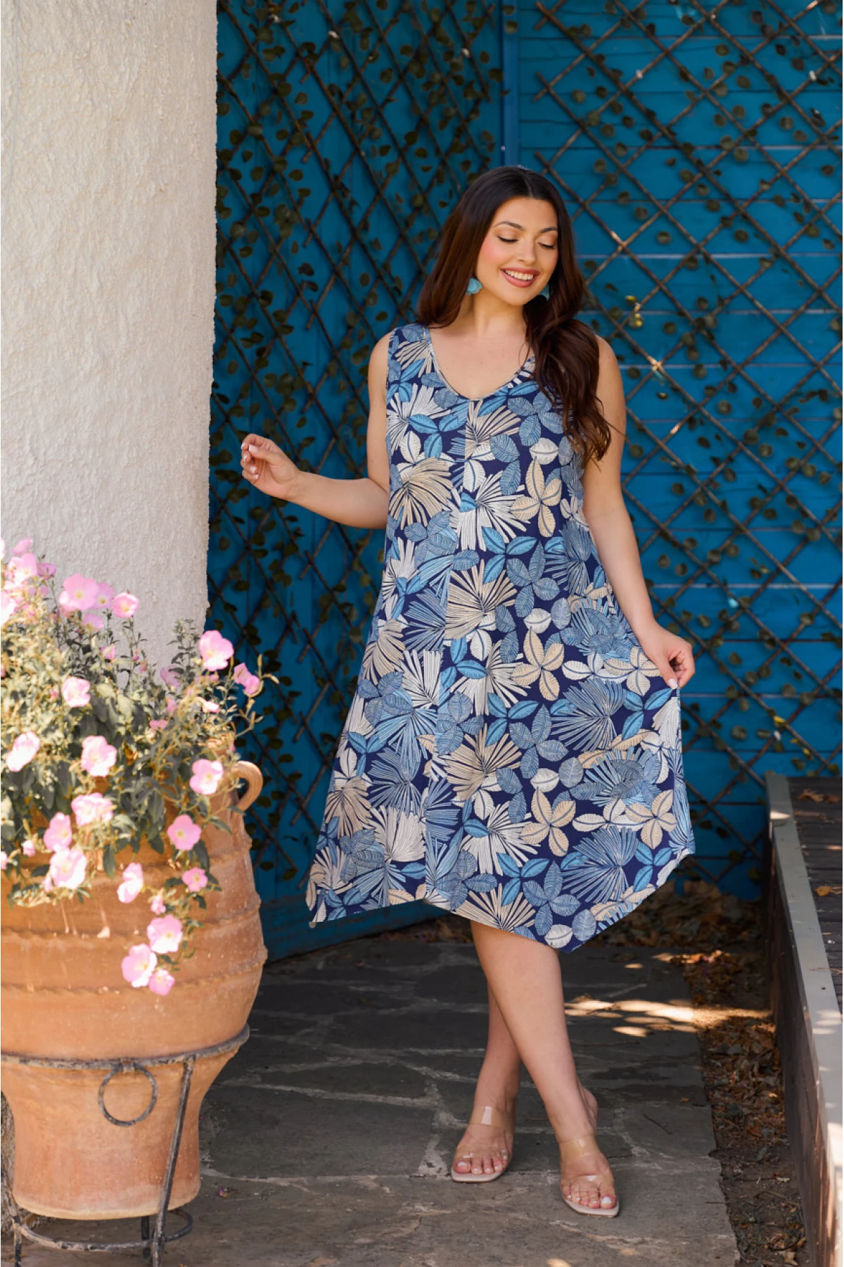 Φόρεμα midi viscose  αμάνικο με μύτες φλοράλ μπλε