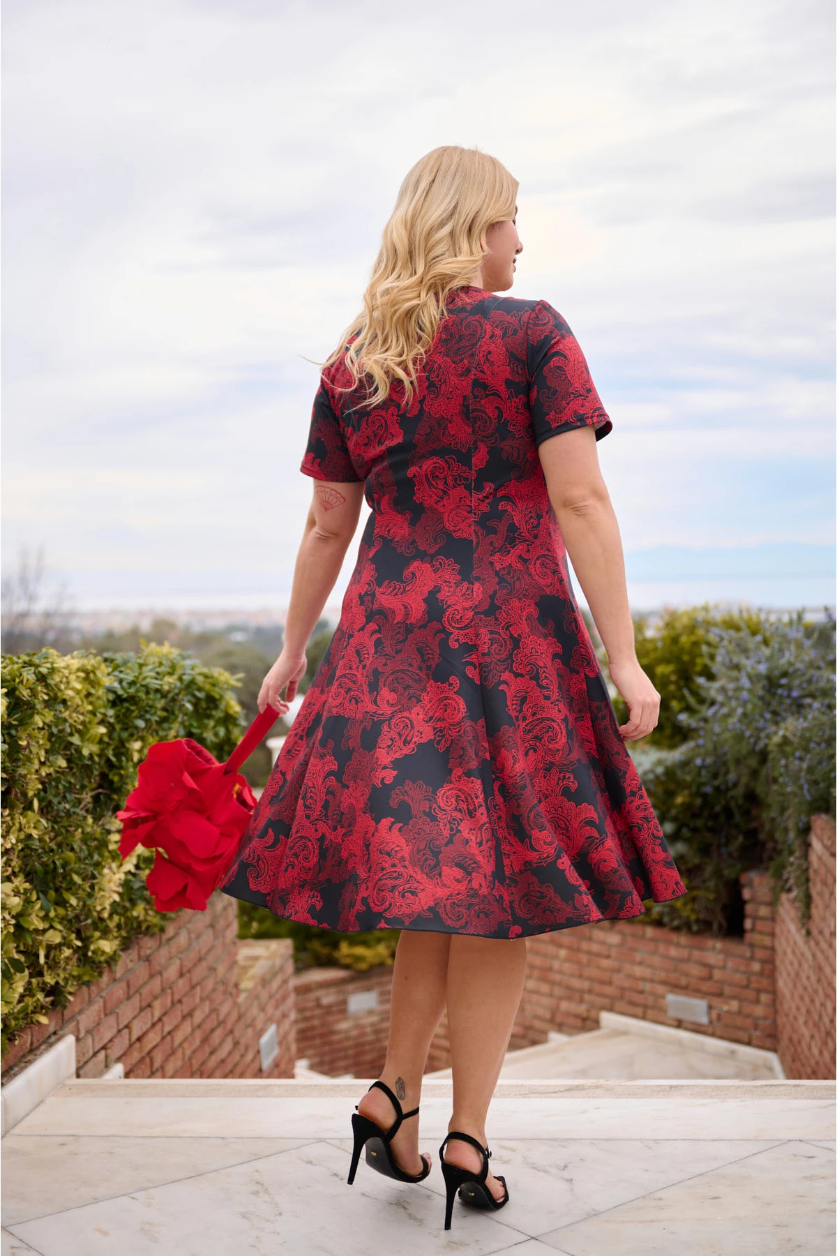 Φόρεμα κλος midi punto κοντό μανίκι λαχούρ κόκκινο