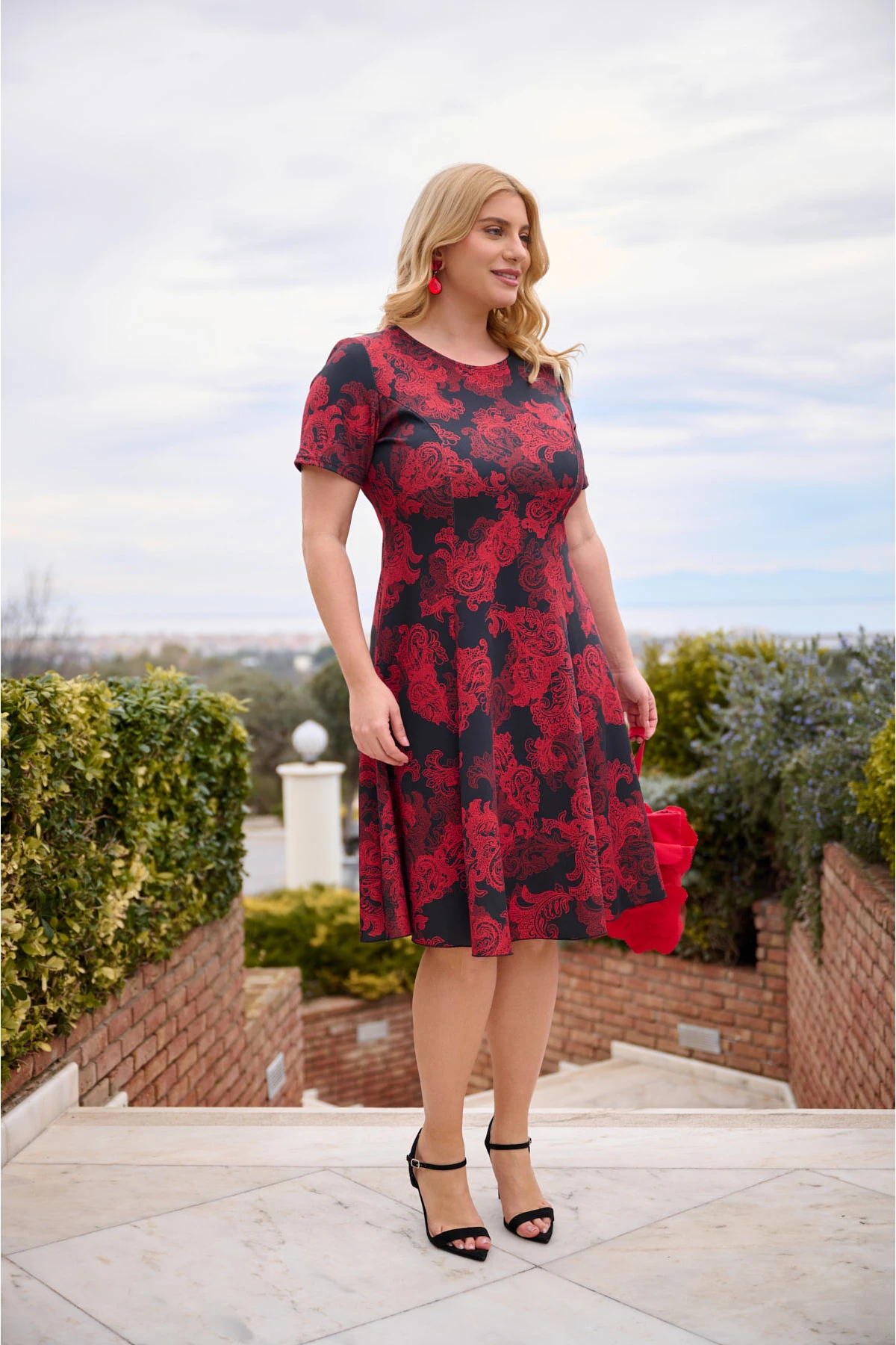 Φόρεμα κλος midi punto κοντό μανίκι λαχούρ κόκκινο