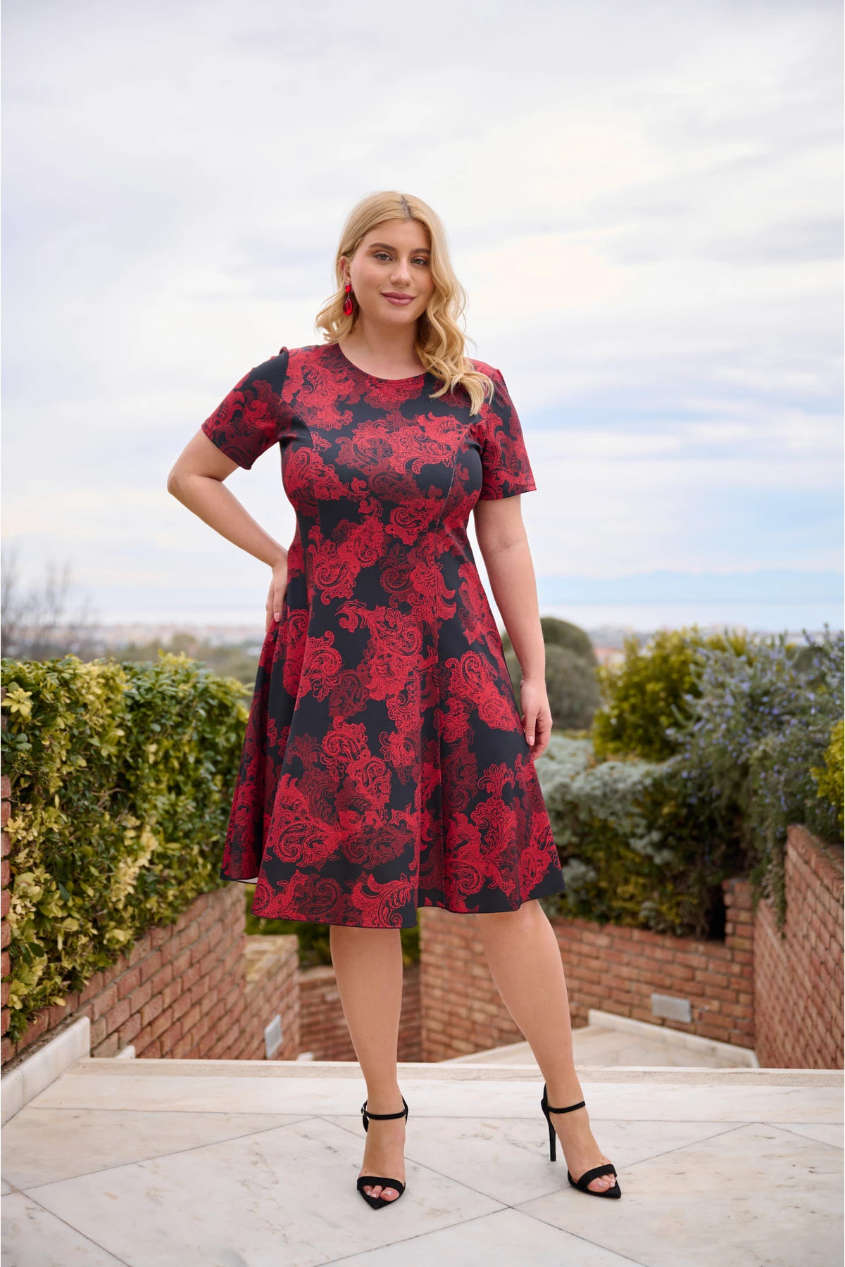 Φόρεμα κλος midi punto κοντό μανίκι λαχούρ κόκκινο