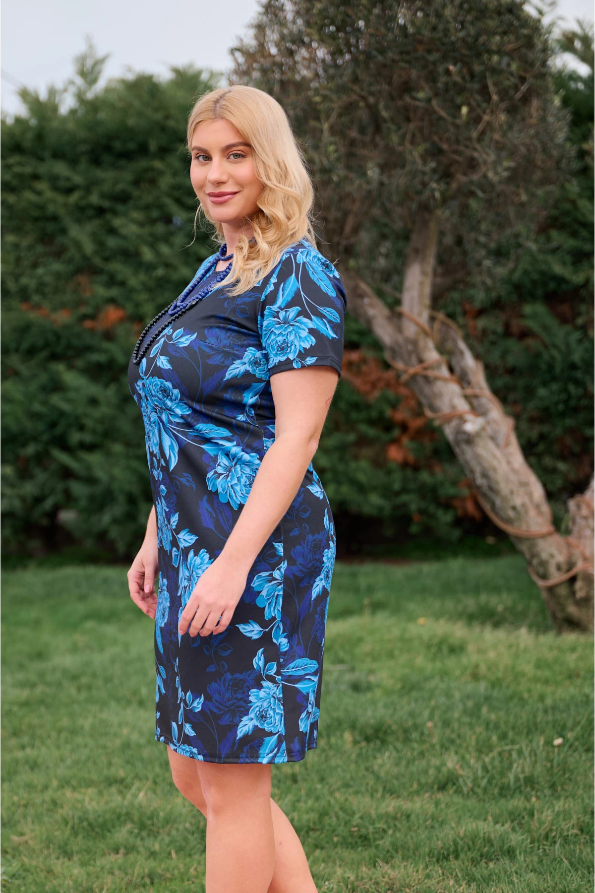 Φόρεμα κοντό μανίκι midi Punto  φλοράλ μπλε