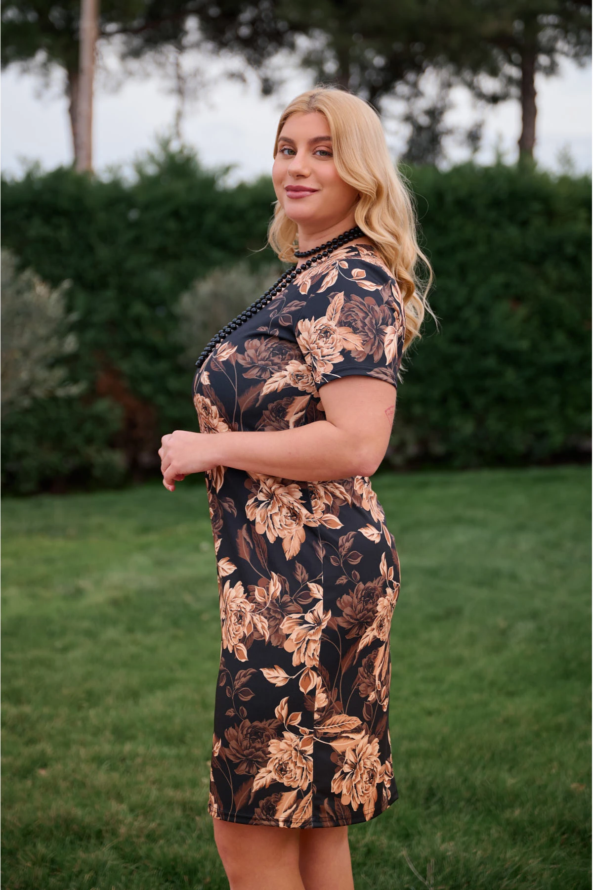 Φόρεμα κοντό μανίκι midi Punto φλοράλ μπεζ