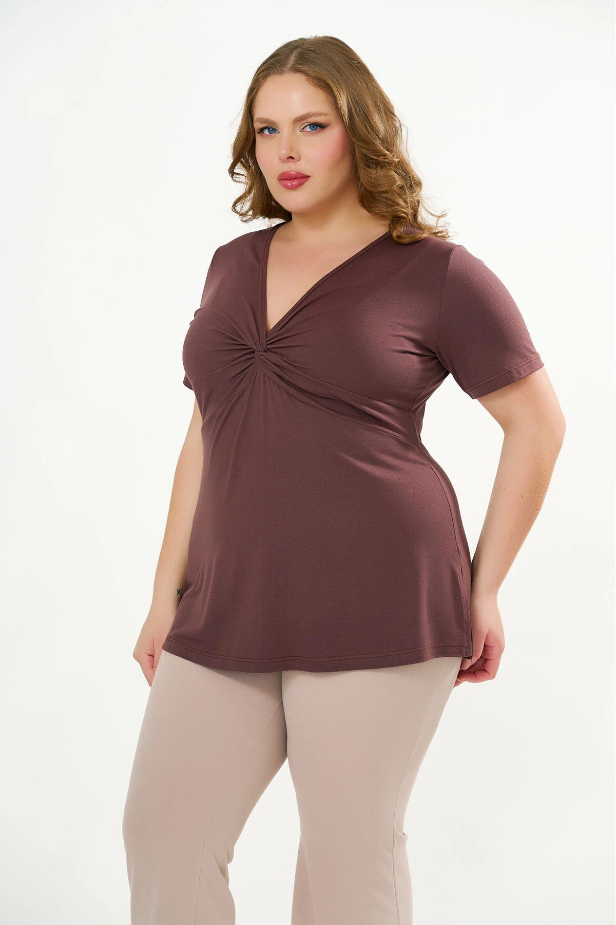 Μπλούζα κόμπος viscose ελαστική κοντό μανίκι καφέ