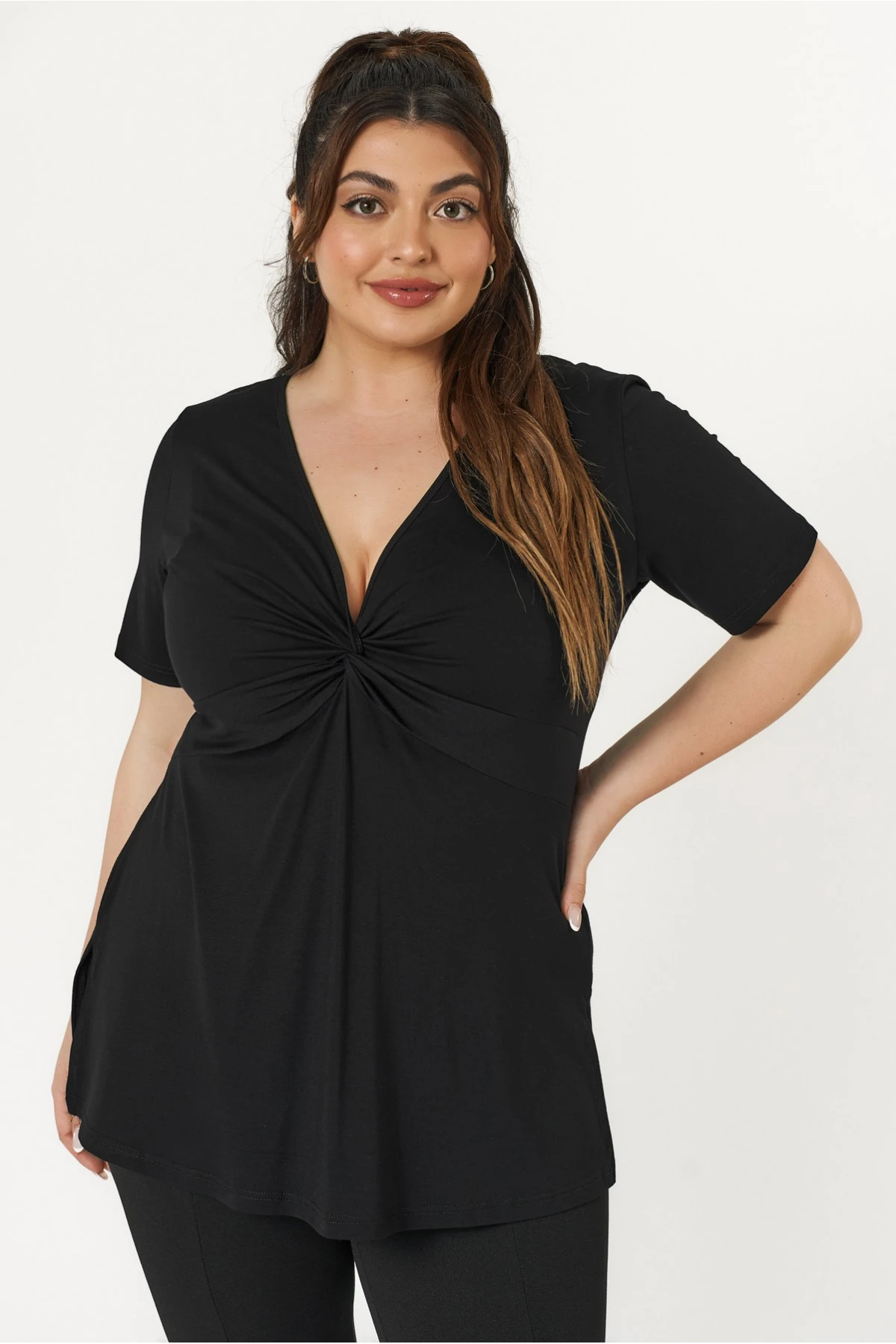Μπλούζα κόμπος viscose ελαστική κοντό μανίκι μαύρη