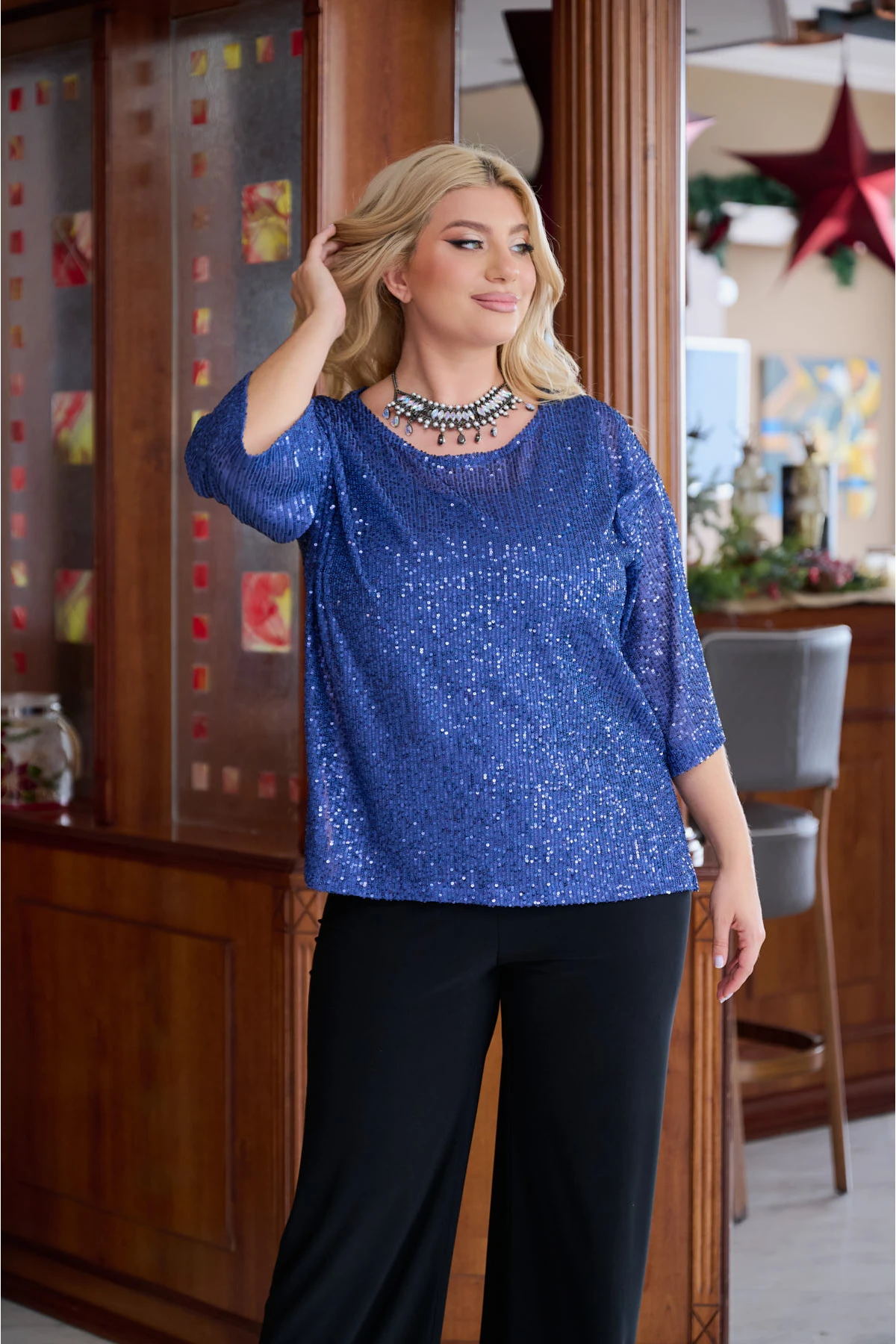 Μπλούζα παγιέτα μακρύ μανίκι μπλε