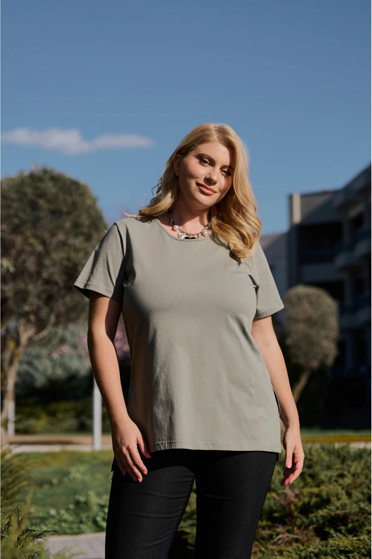 Μπλούζα μακριά βαμβακερή κοντό μανίκι χακί