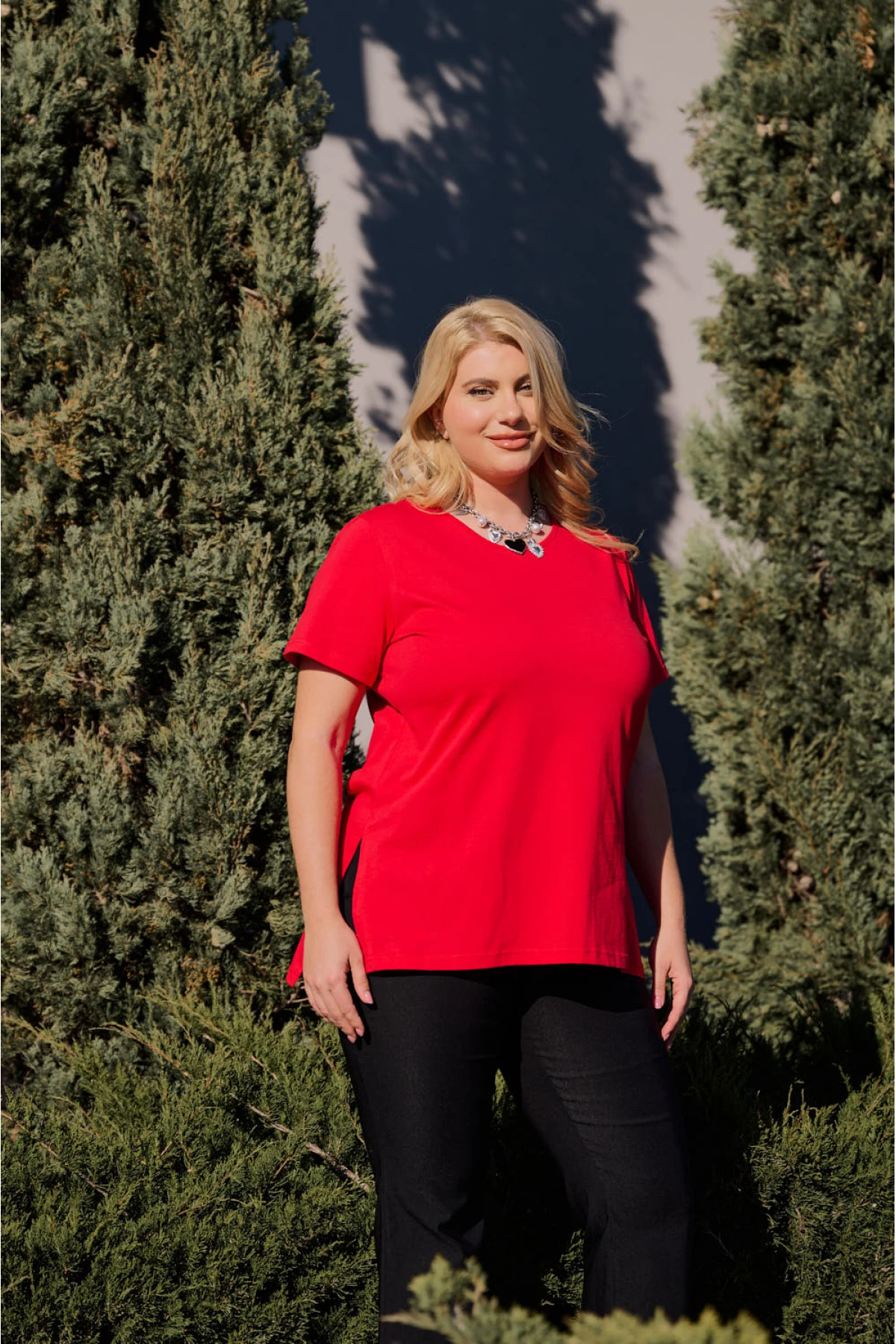 Μπλούζα μακριά βαμβακερή κοντό μανίκι κόκκινη