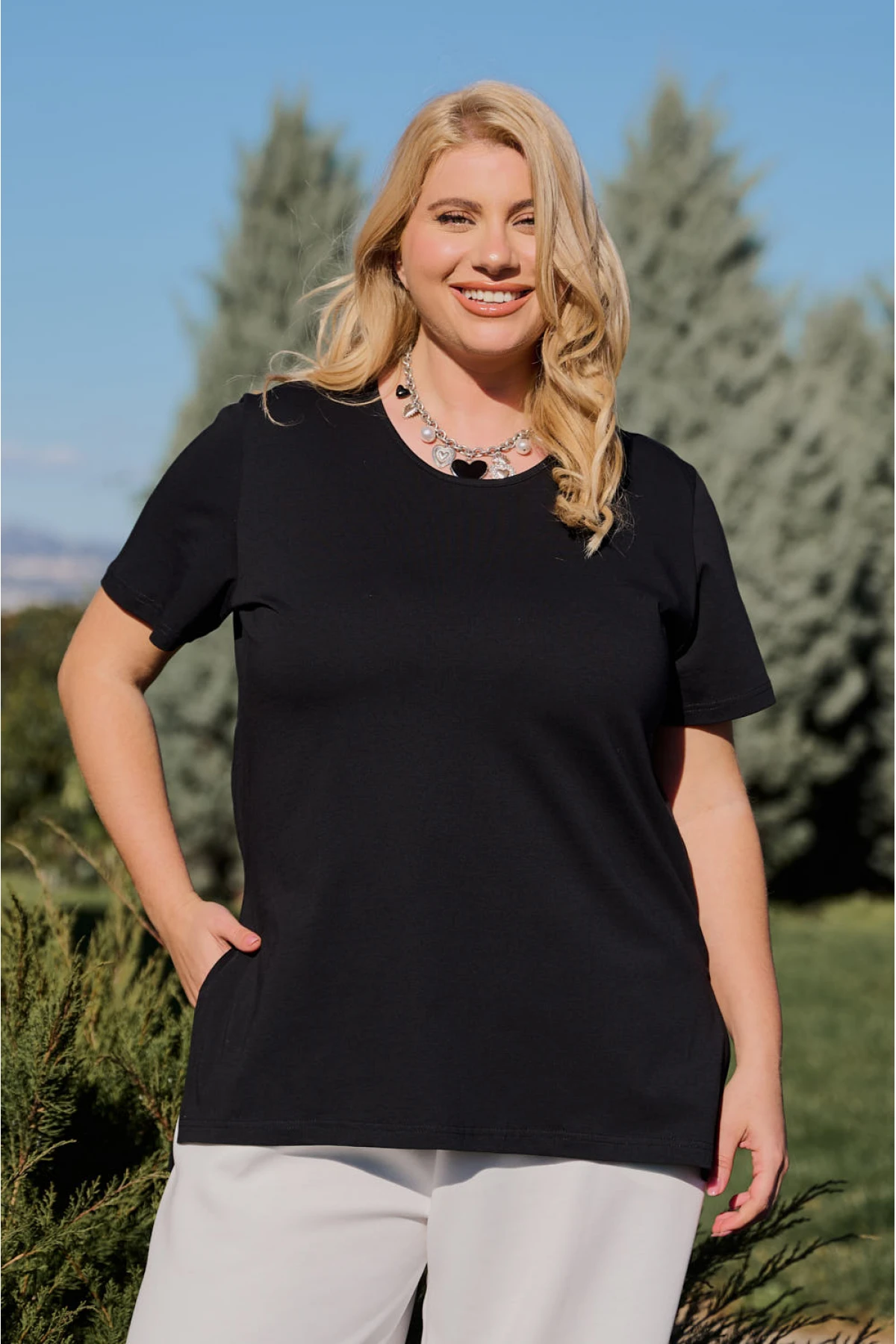 Μπλούζα μακριά βαμβακερή κοντό μανίκι μαύρη