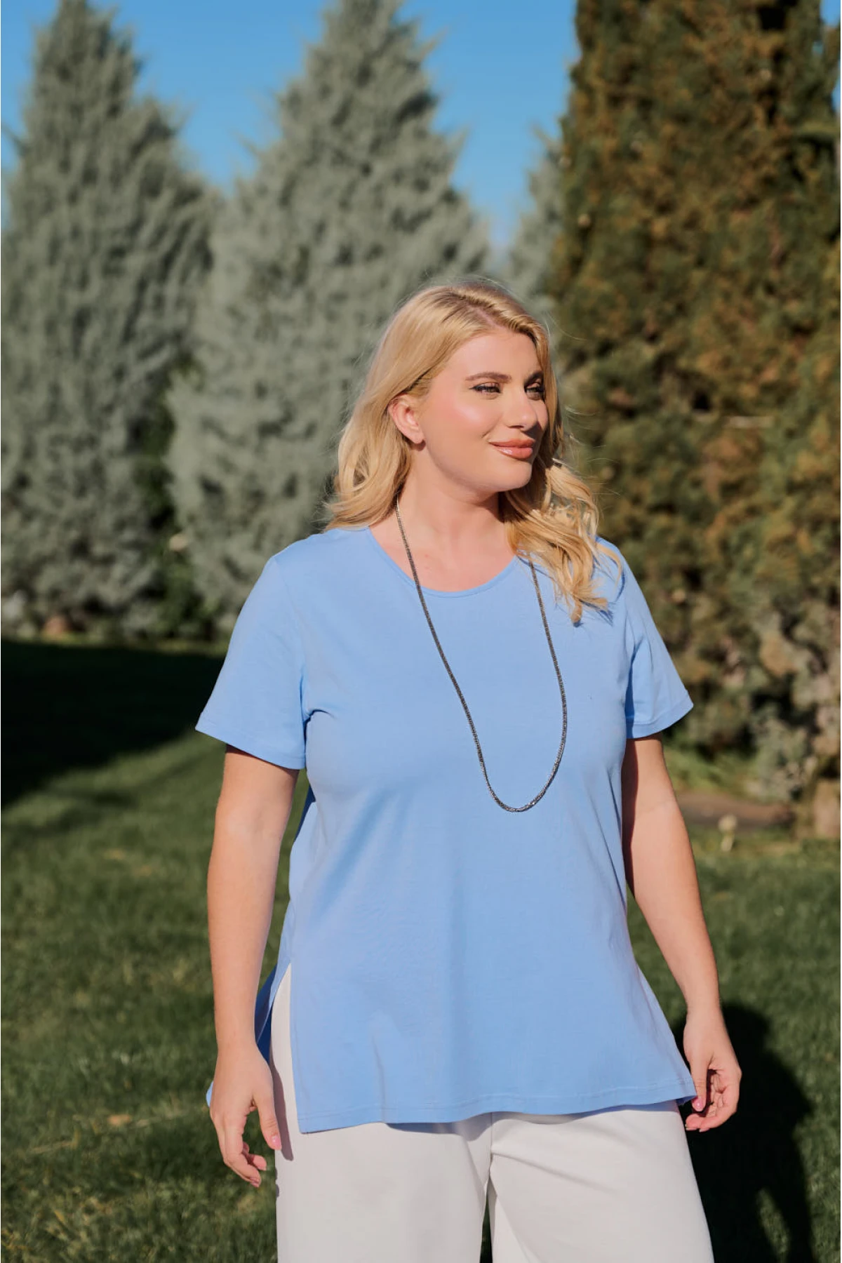 Μπλούζα μακριά βαμβακερή κοντό μανίκι γαλάζια