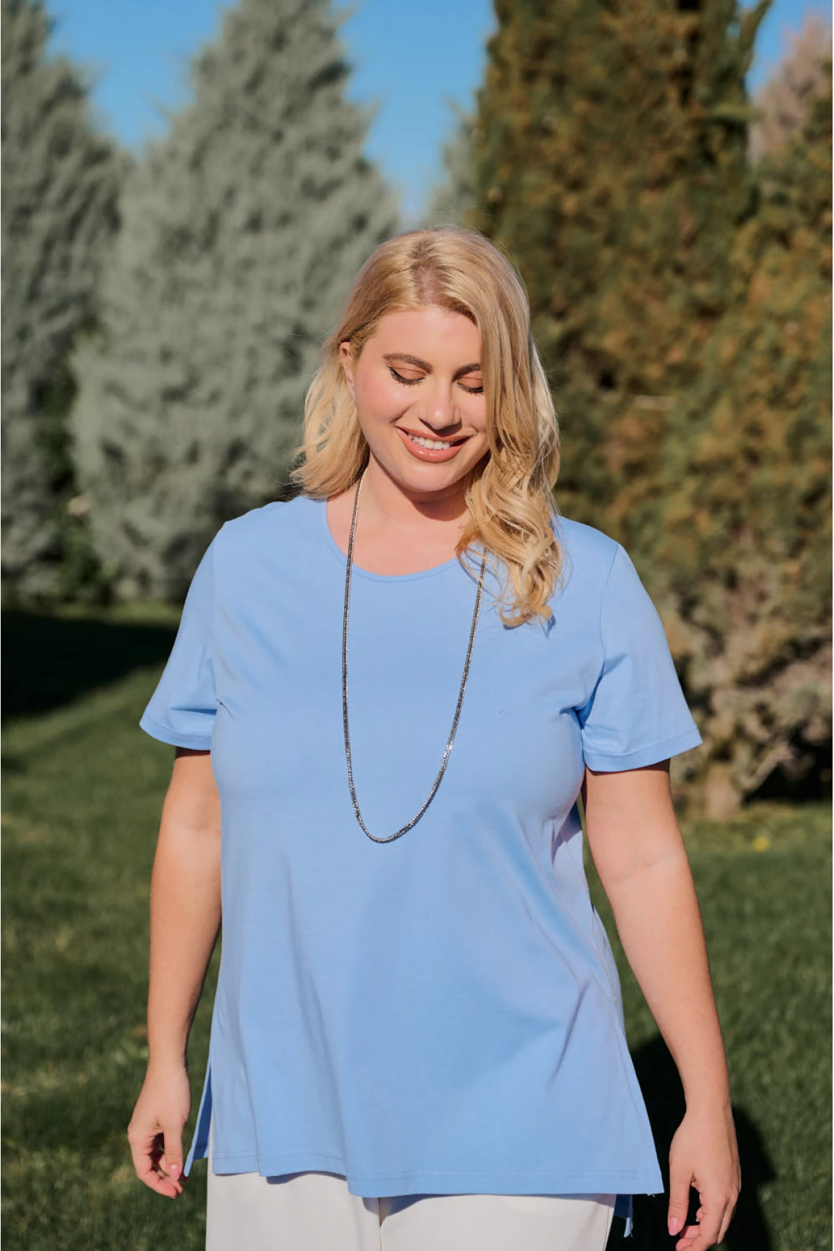 Μπλούζα μακριά βαμβακερή κοντό μανίκι γαλάζια