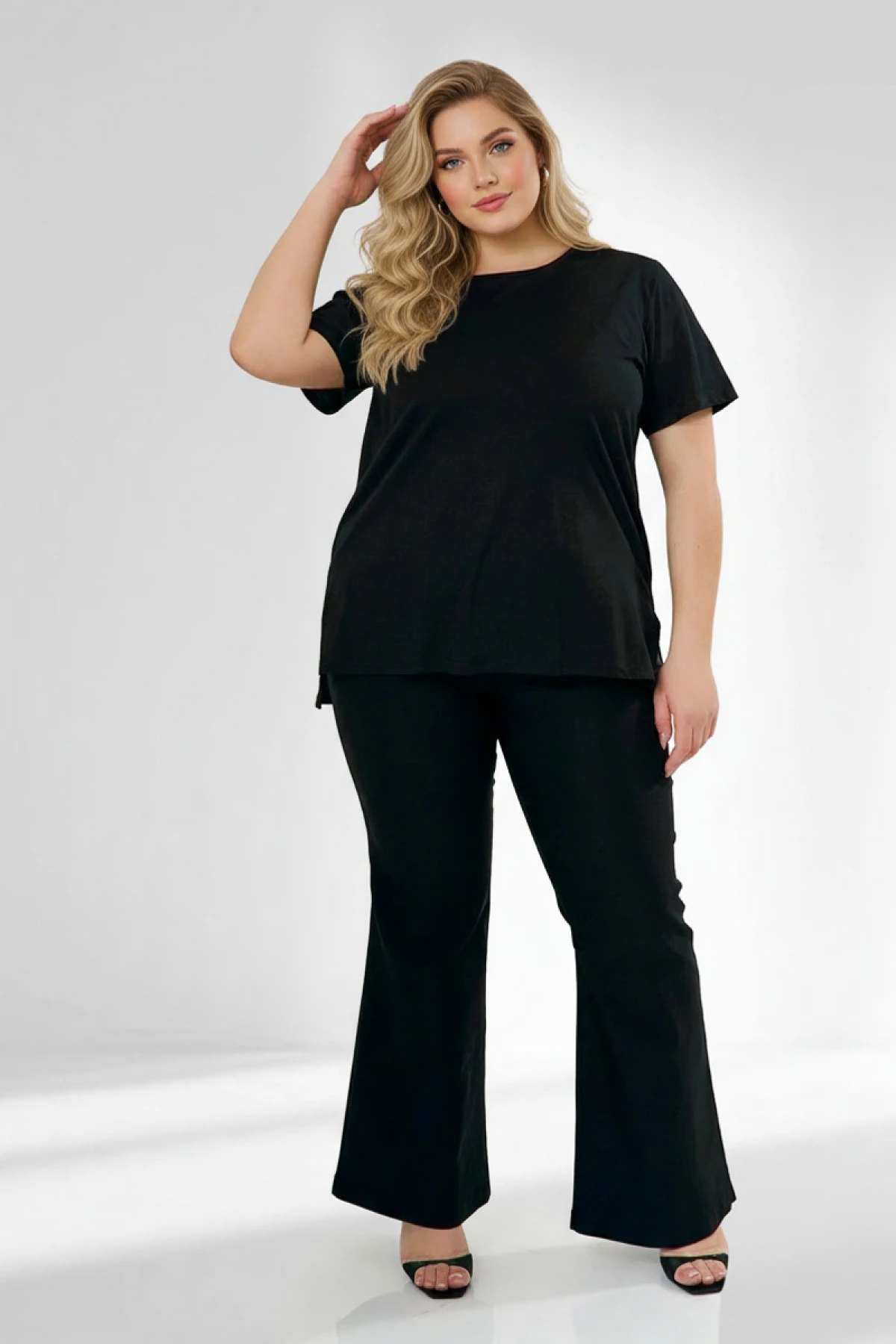 Μπλούζα μακριά βαμβακερή κοντό μανίκι μαύρη