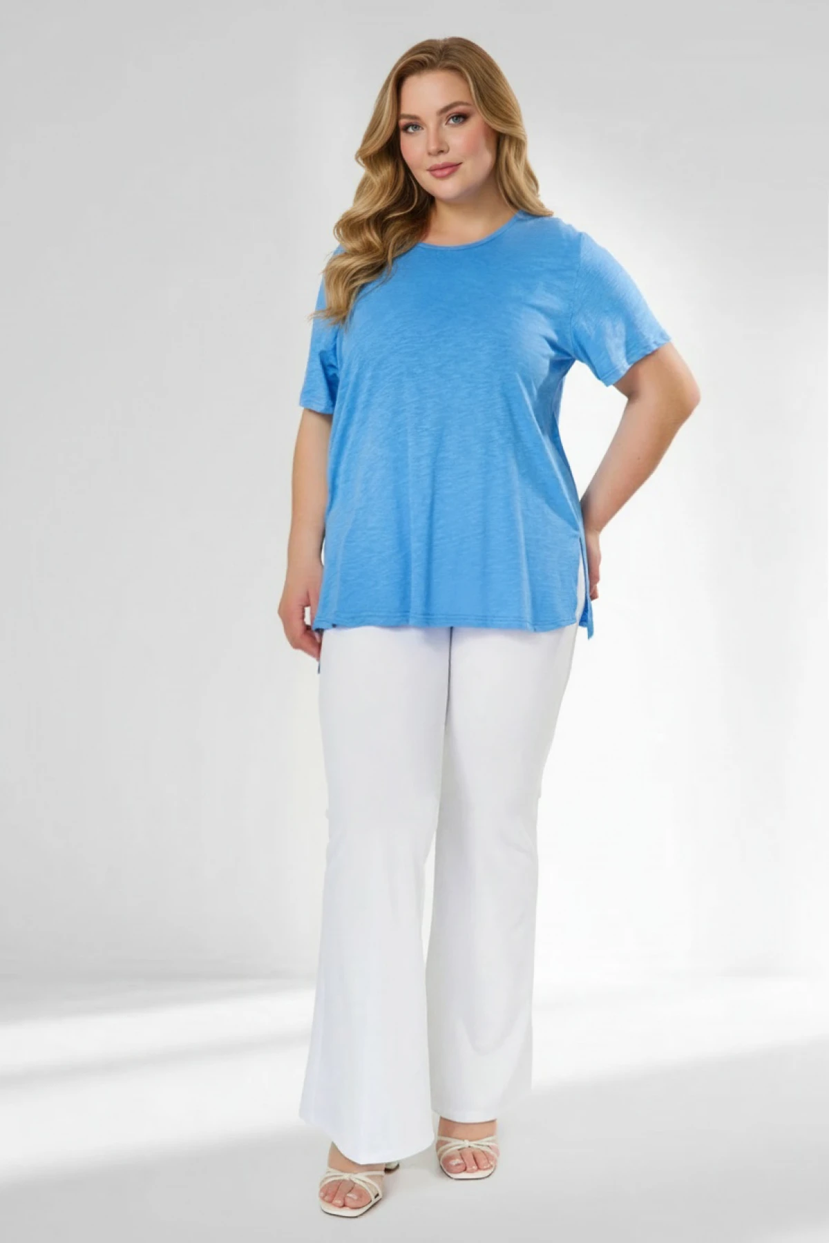 Μπλούζα μακριά βαμβακερή κοντό μανίκι γαλάζια