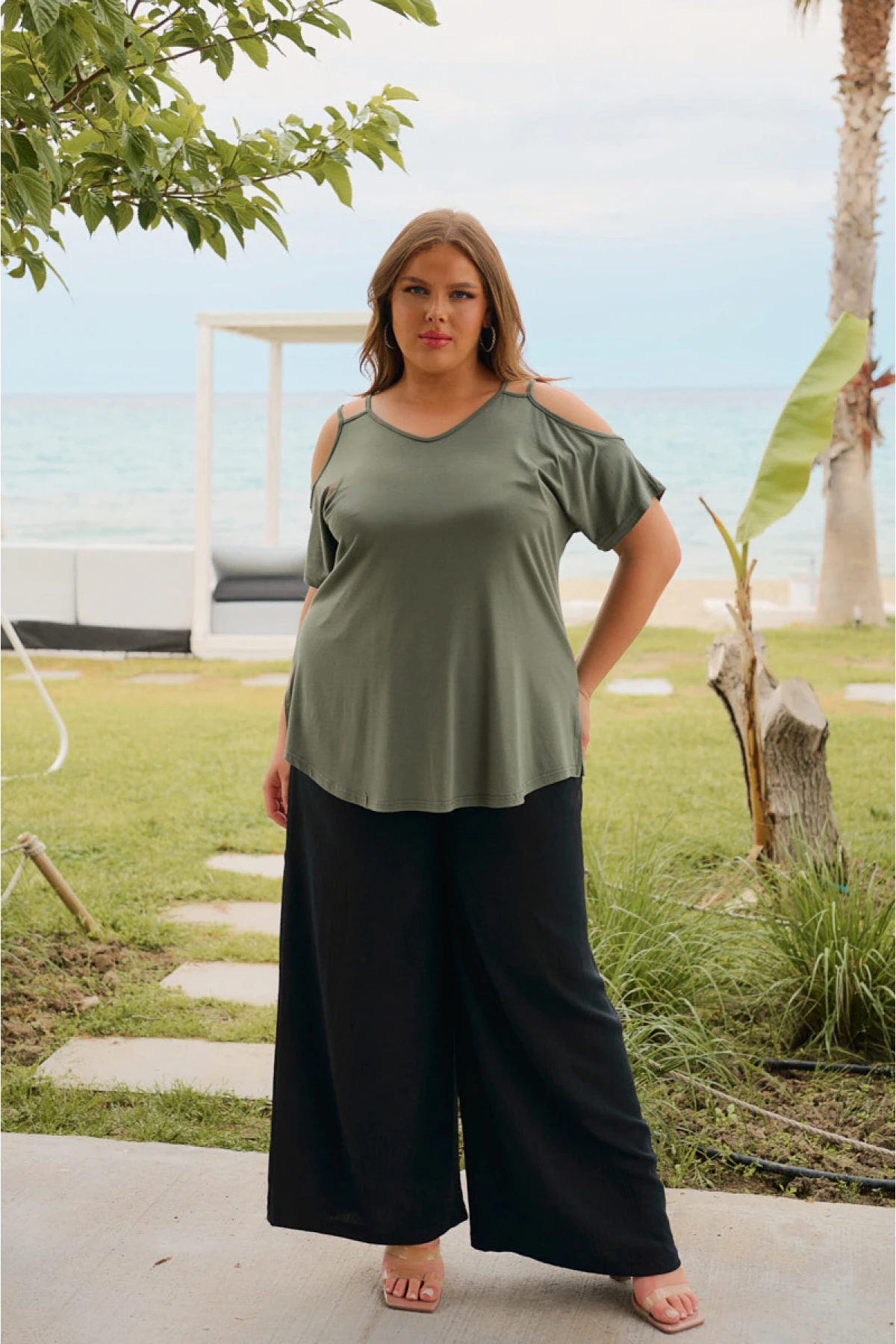 Μπλούζα viscose διπλή τιράντα κοντό μανίκι χακί