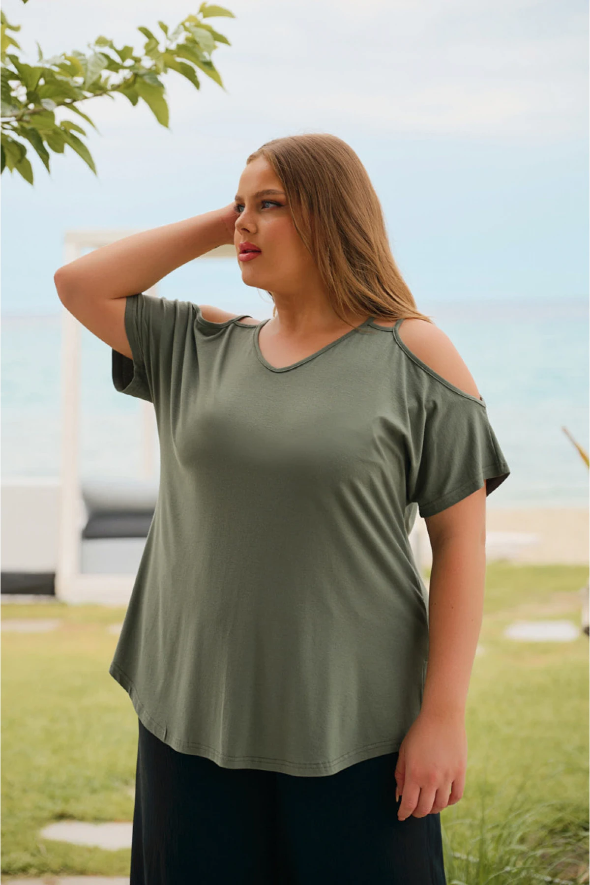 Μπλούζα viscose διπλή τιράντα κοντό μανίκι χακί