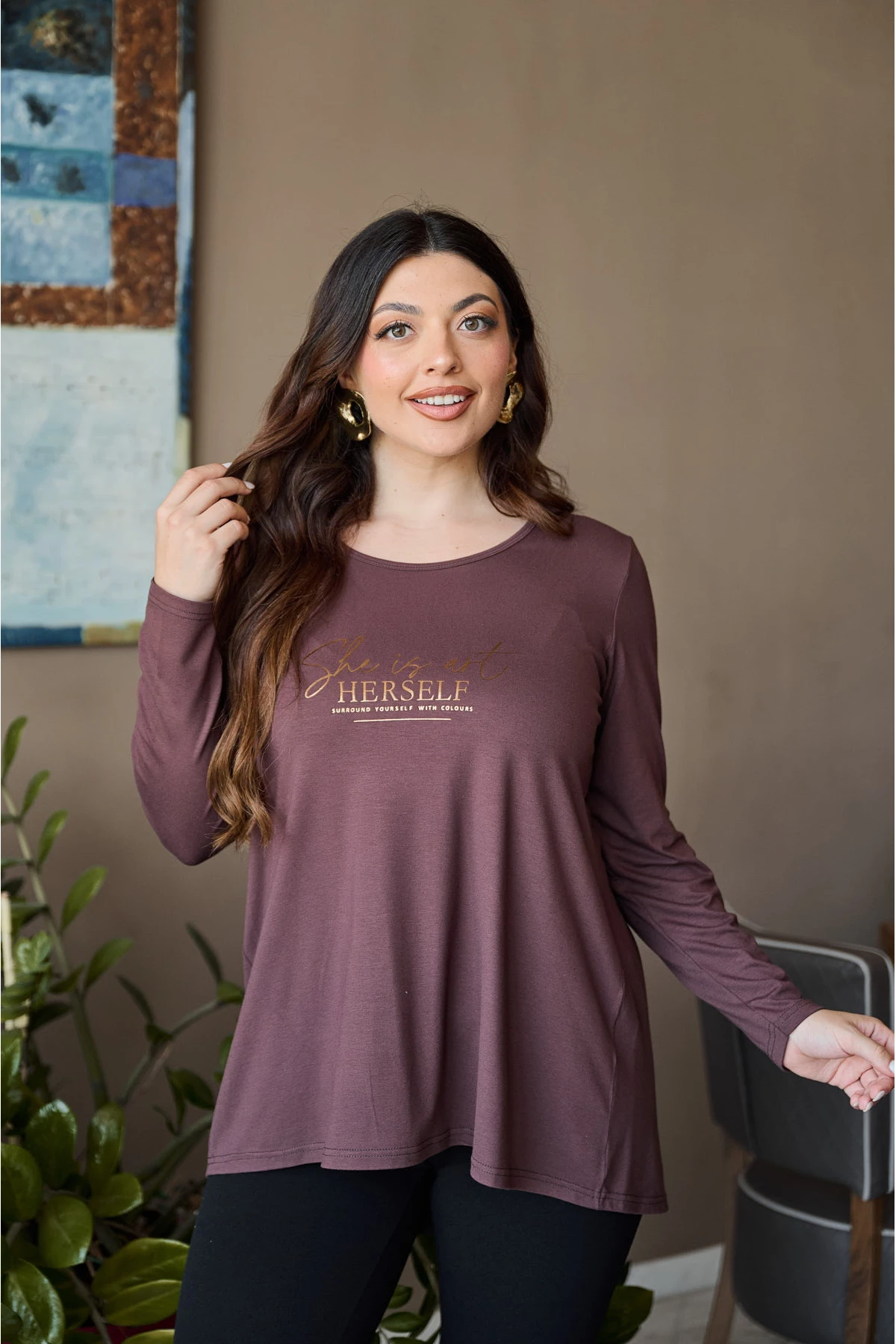 Μπλούζα viscose μακρύ μανίκι με κουφόπιετα πίσω και τύπωμα Herself καφέ