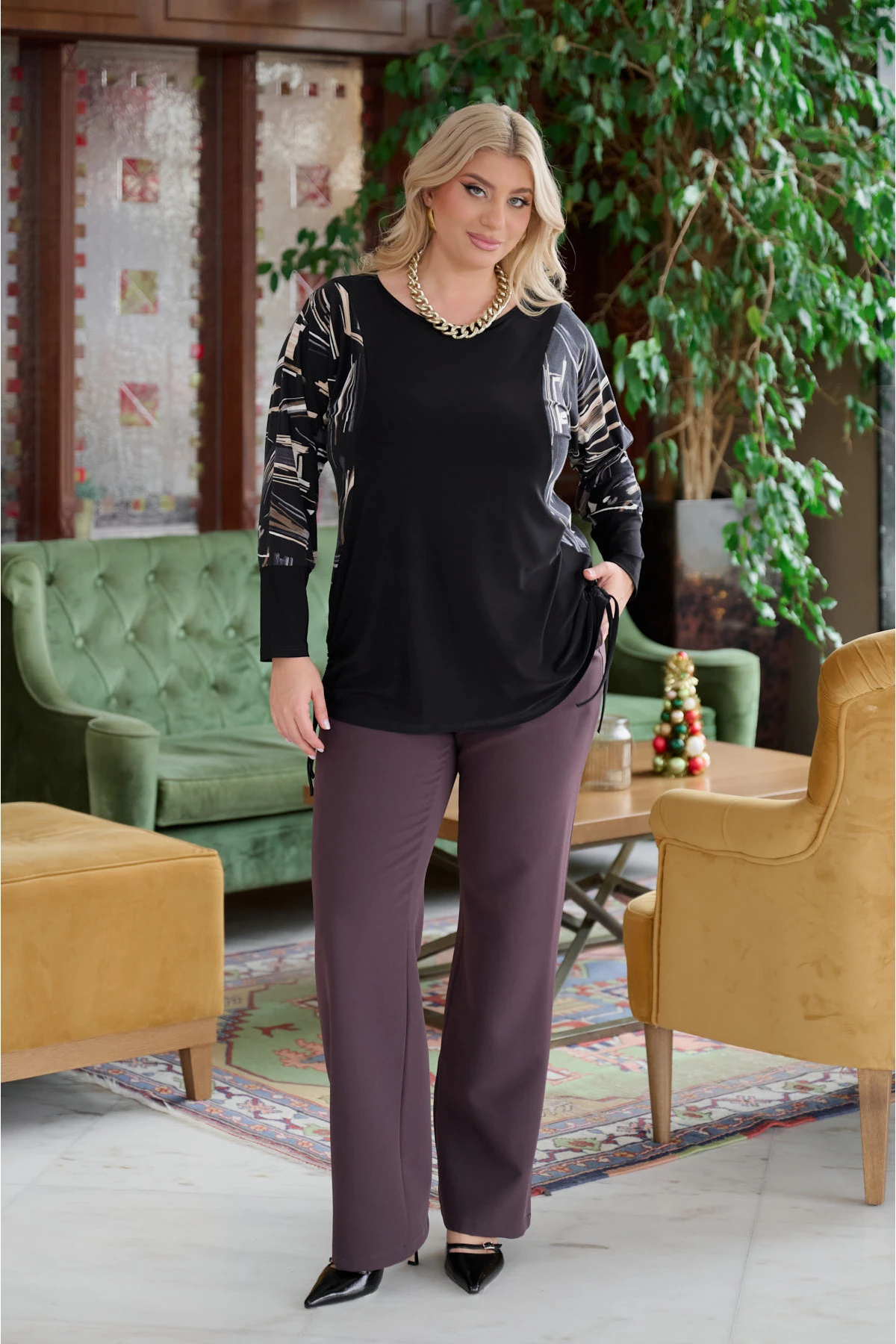 Μπλούζα δίχρωμη νυχτερίδα με σούρες στο πλάι πινελιές